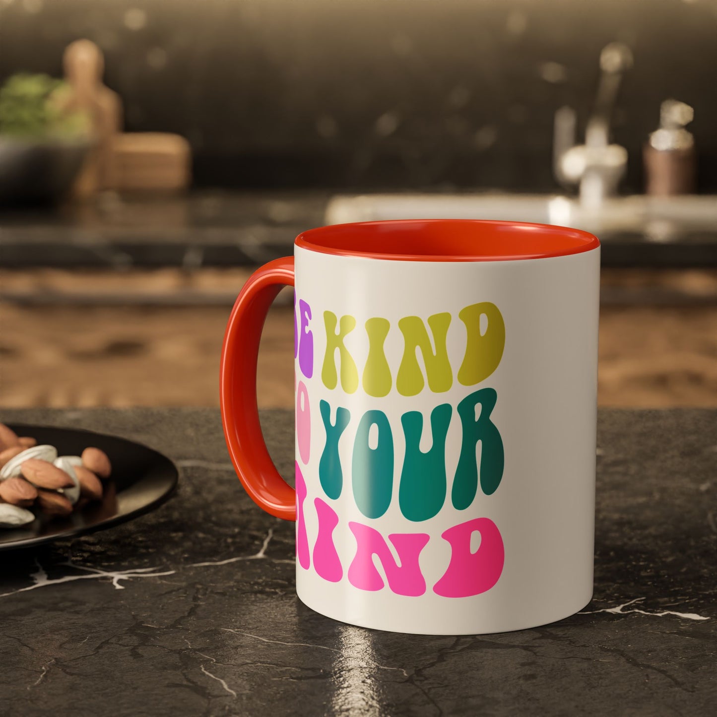 Be Kind To Your Mind Accent Mug – Retro Rainbow Letters | 11oz 15oz Colored Handle