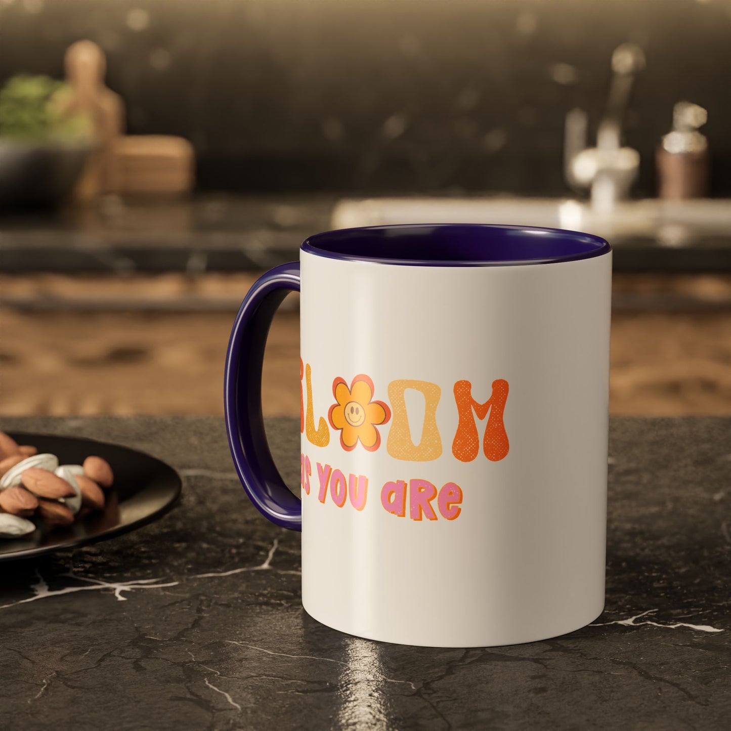 Bloom As You Are Accent Mug – Smiley Flower | 11oz 15oz Colored Handle