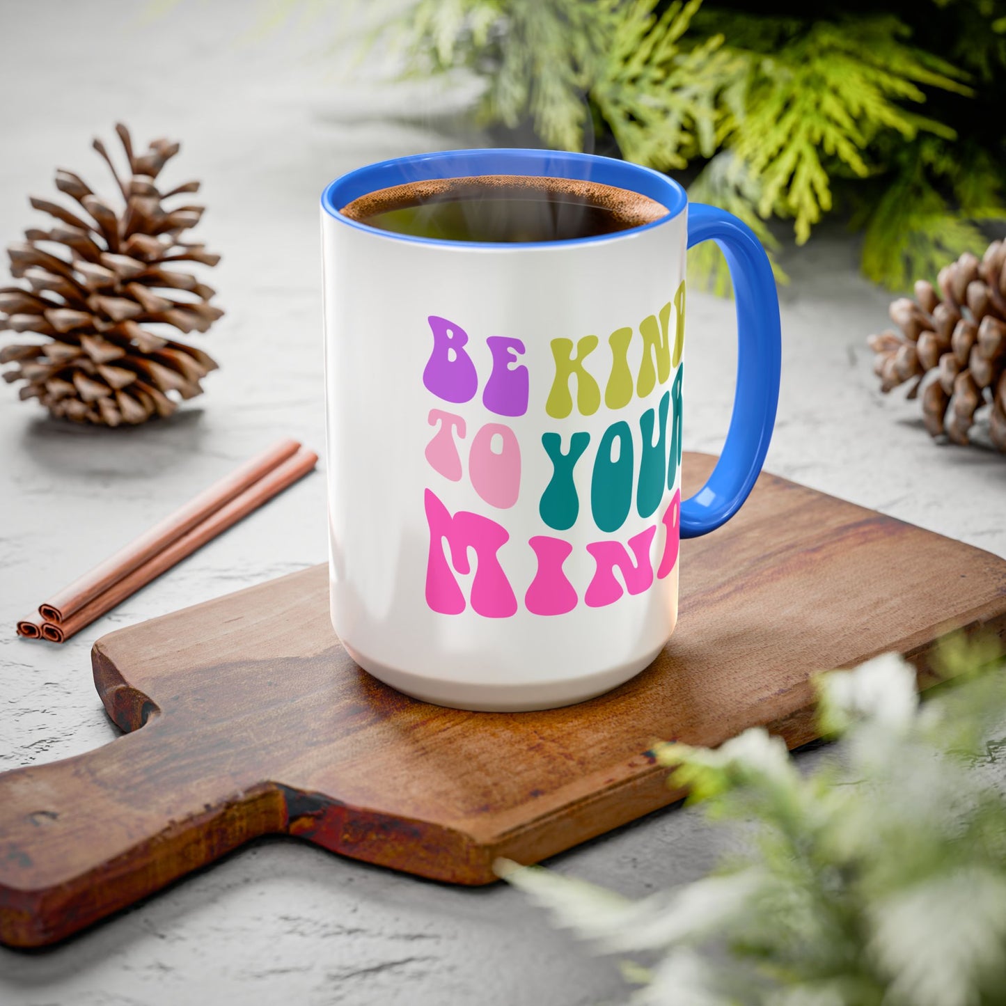 Be Kind To Your Mind Accent Mug – Retro Rainbow Letters | 11oz 15oz Colored Handle