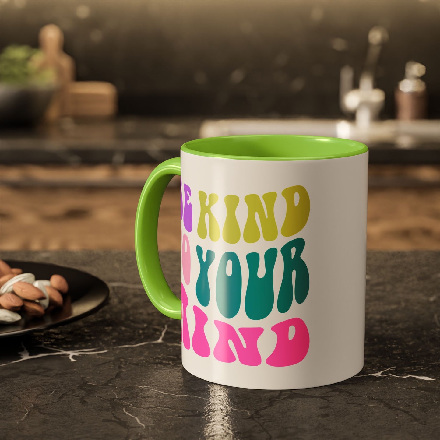 Be Kind To Your Mind Accent Mug – Retro Rainbow Letters | 11oz 15oz Colored Handle