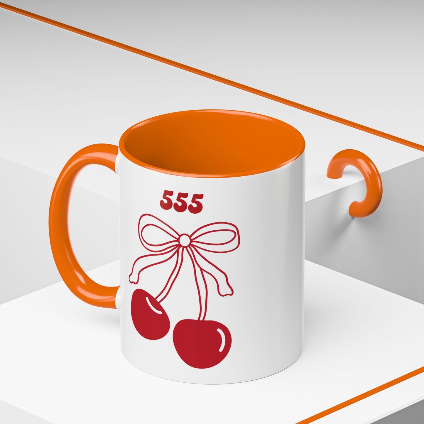 555 Angel Number Cherries Accent Mug – Coquette Bow Kawaii | 11oz 15oz — Pink, Red, Navy, Light Blue, Orange, Purple, Yellow
