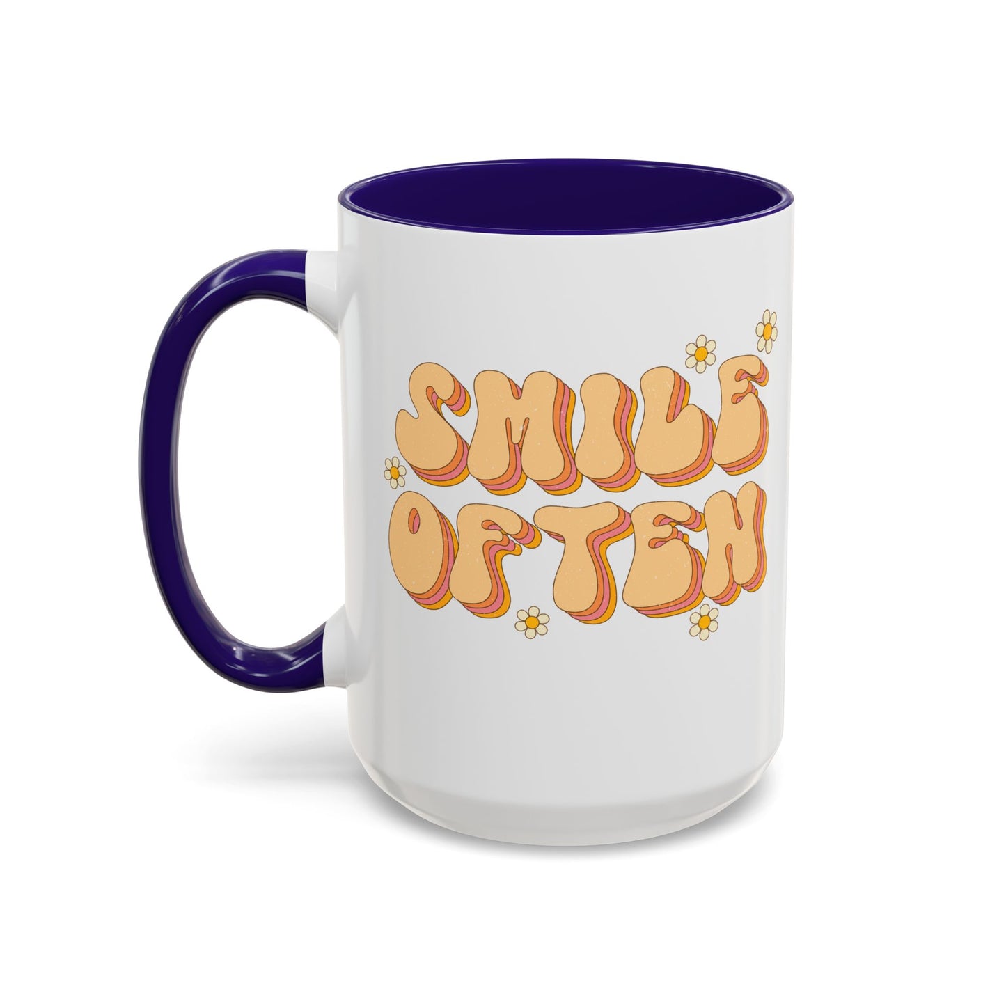 Smile Often Accent Mug – Retro Daisy Letters | 11oz 15oz colored Handle