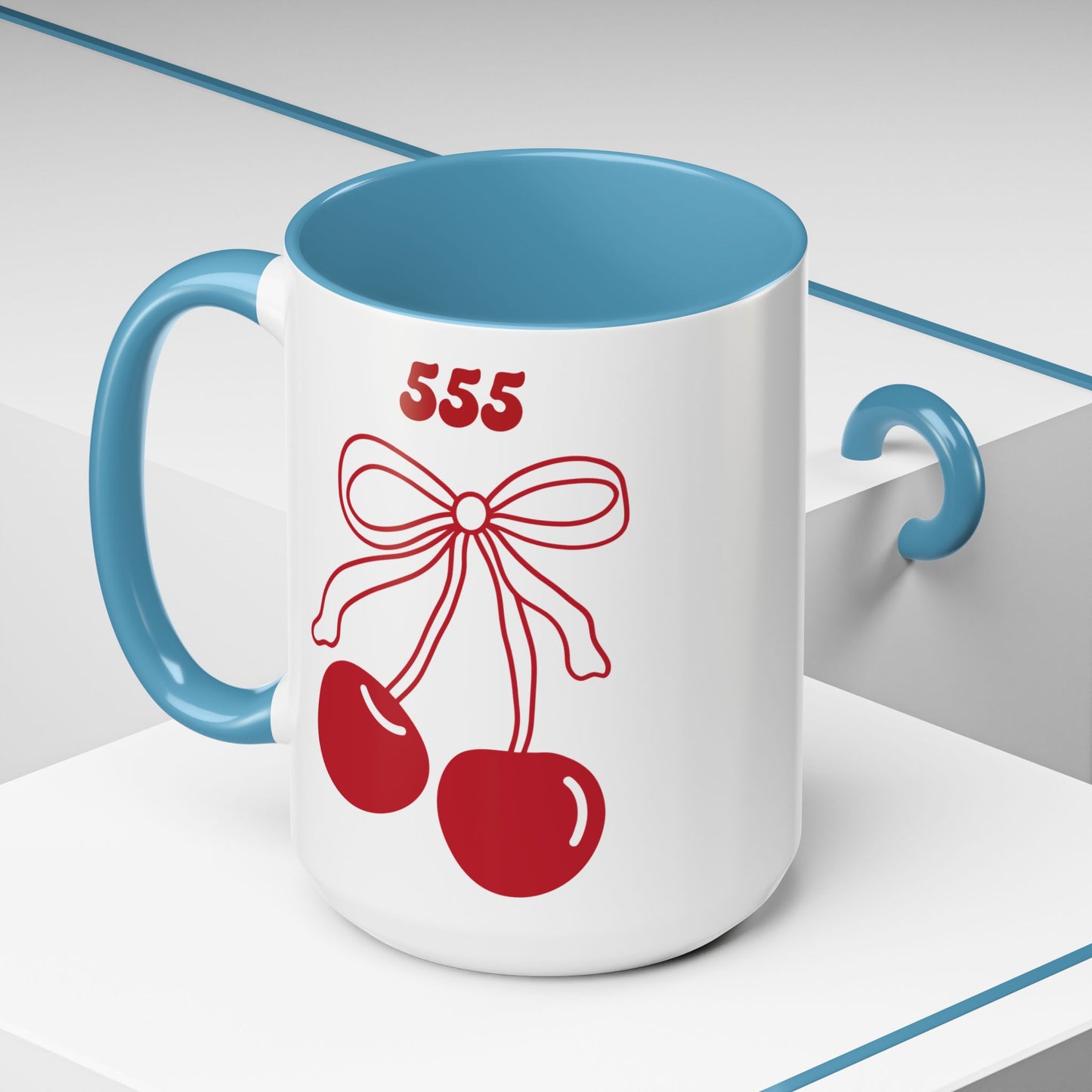 555 Angel Number Cherries Accent Mug – Coquette Bow Kawaii | 11oz 15oz — Pink, Red, Navy, Light Blue, Orange, Purple, Yellow