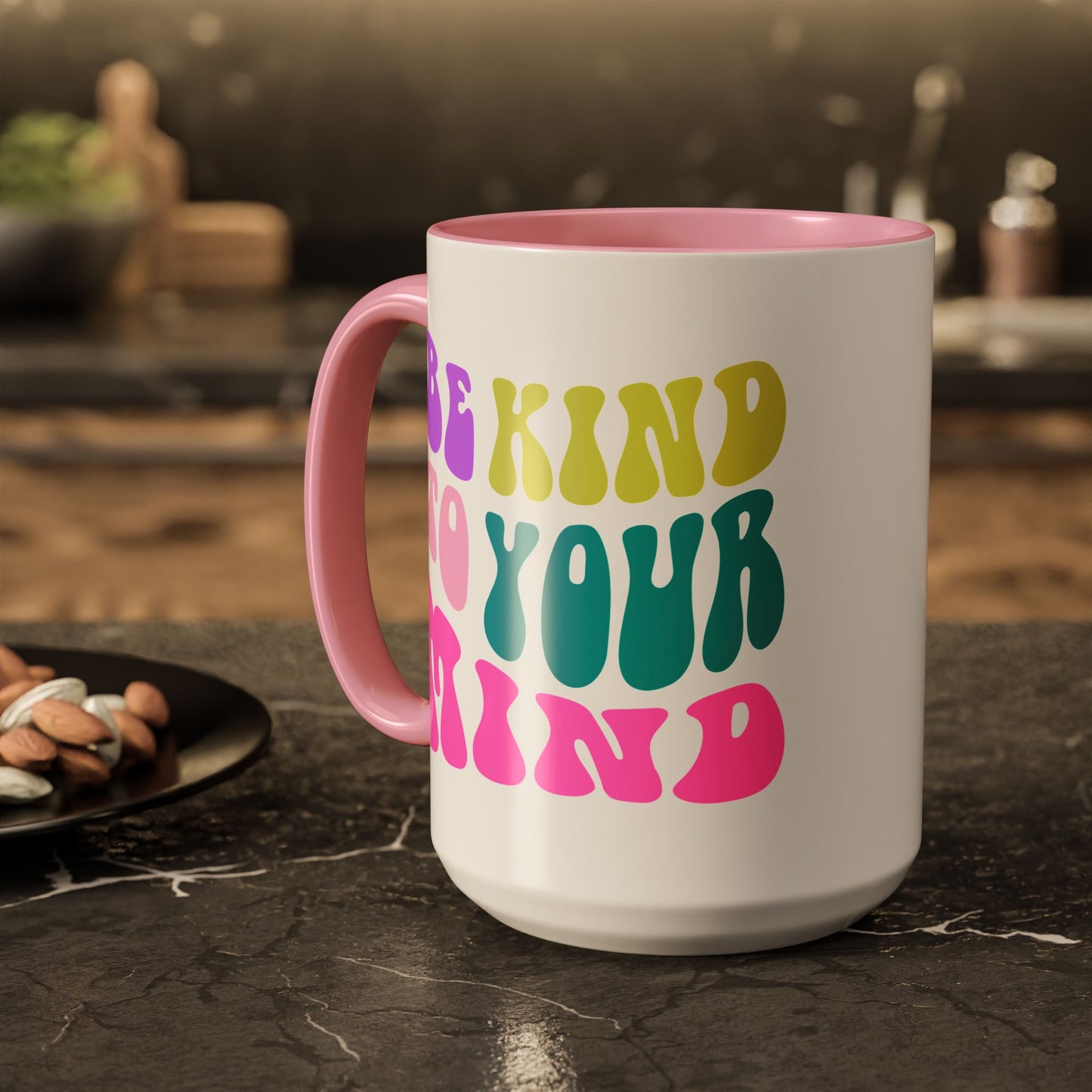 Be Kind To Your Mind Accent Mug – Retro Rainbow Letters | 11oz 15oz Colored Handle