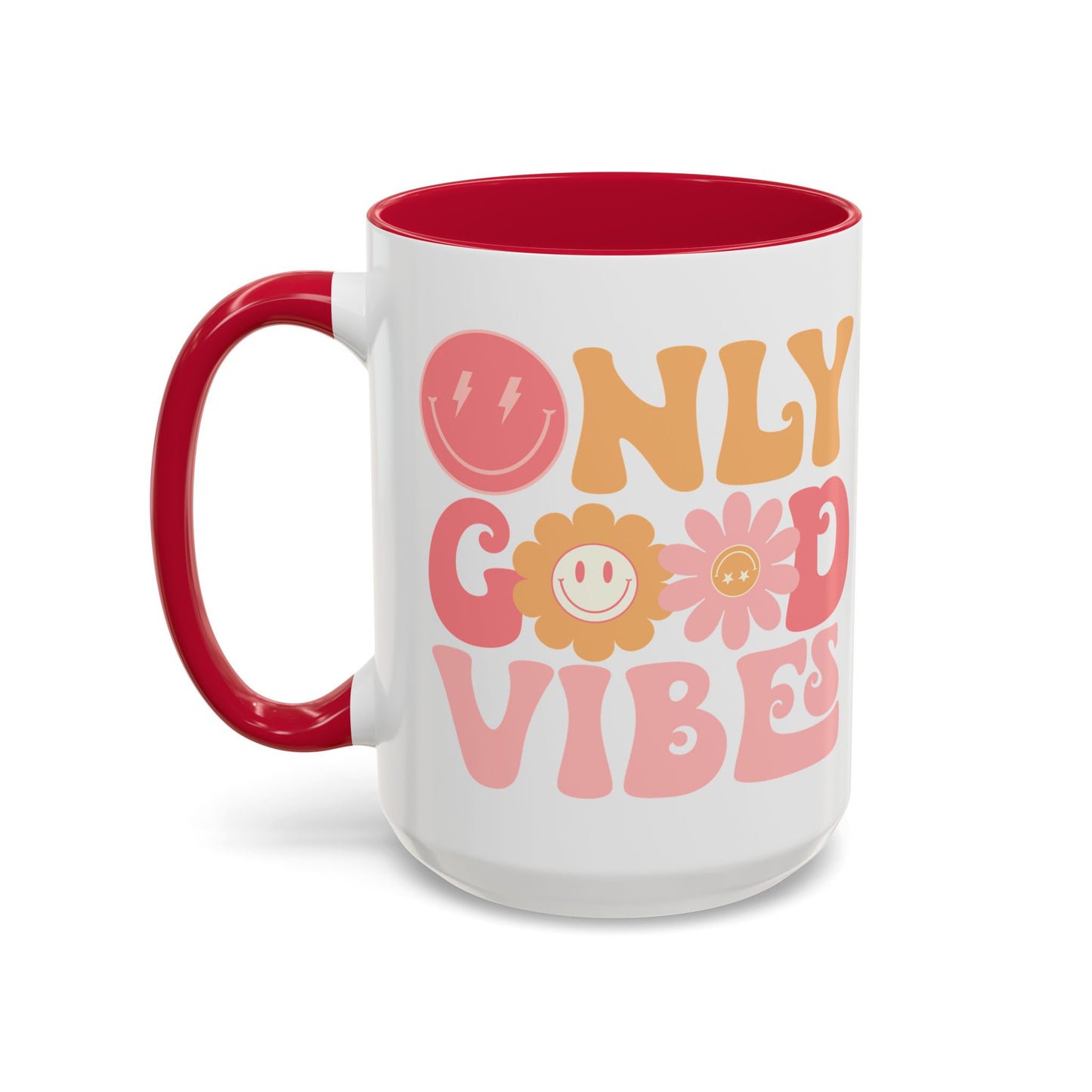 Only Good Vibes Accent Mug – Retro Bubble Letters & Flowers | 11oz 15oz Colored Handle