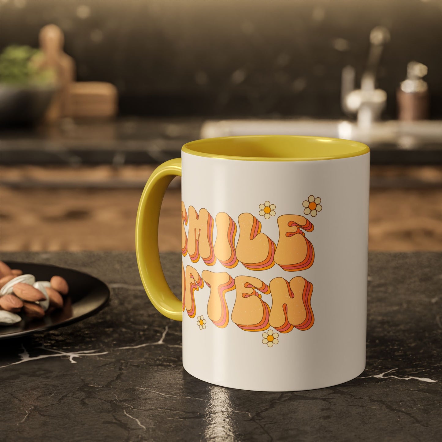 Smile Often Accent Mug – Retro Daisy Letters | 11oz 15oz colored Handle