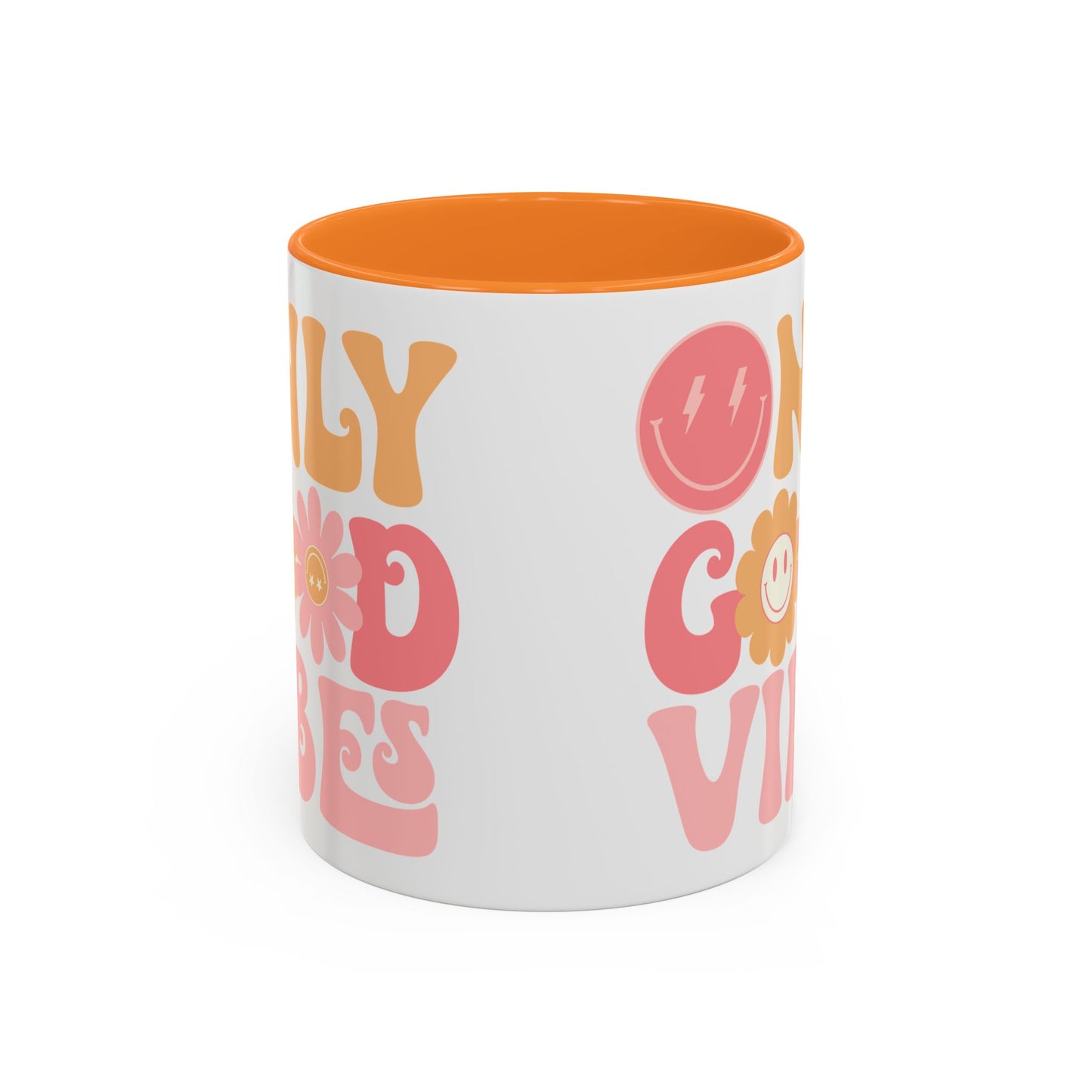Only Good Vibes Accent Mug – Retro Bubble Letters & Flowers | 11oz 15oz Colored Handle