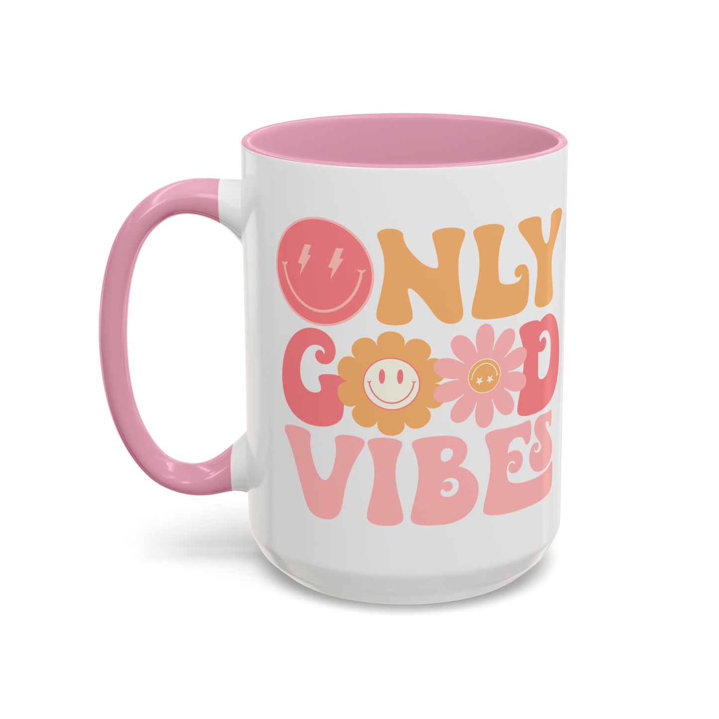 Only Good Vibes Accent Mug – Retro Bubble Letters & Flowers | 11oz 15oz Colored Handle