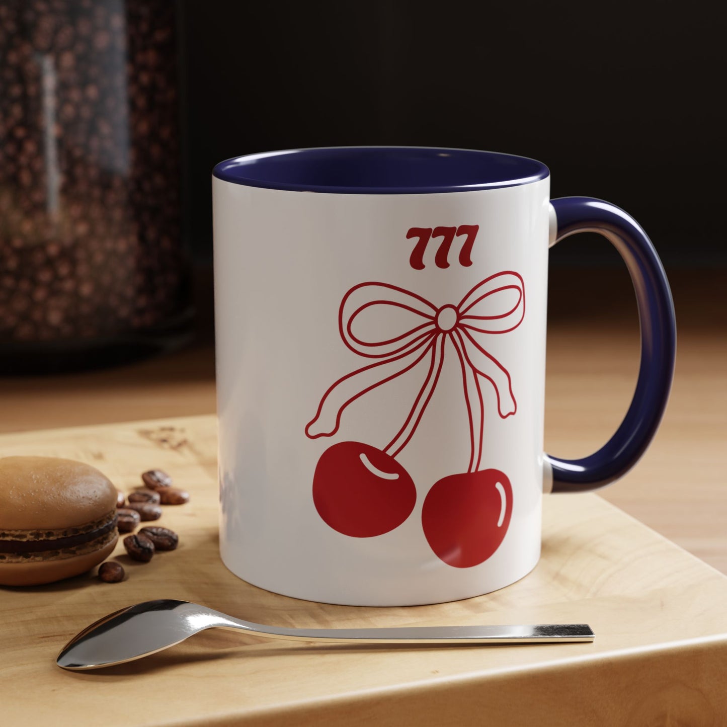777 Angel Number Cherries Accent Mug – Coquette Bow Kawaii | 11oz 15oz — Yellow, Pink, Red, Navy, Light Blue, Orange, Purple