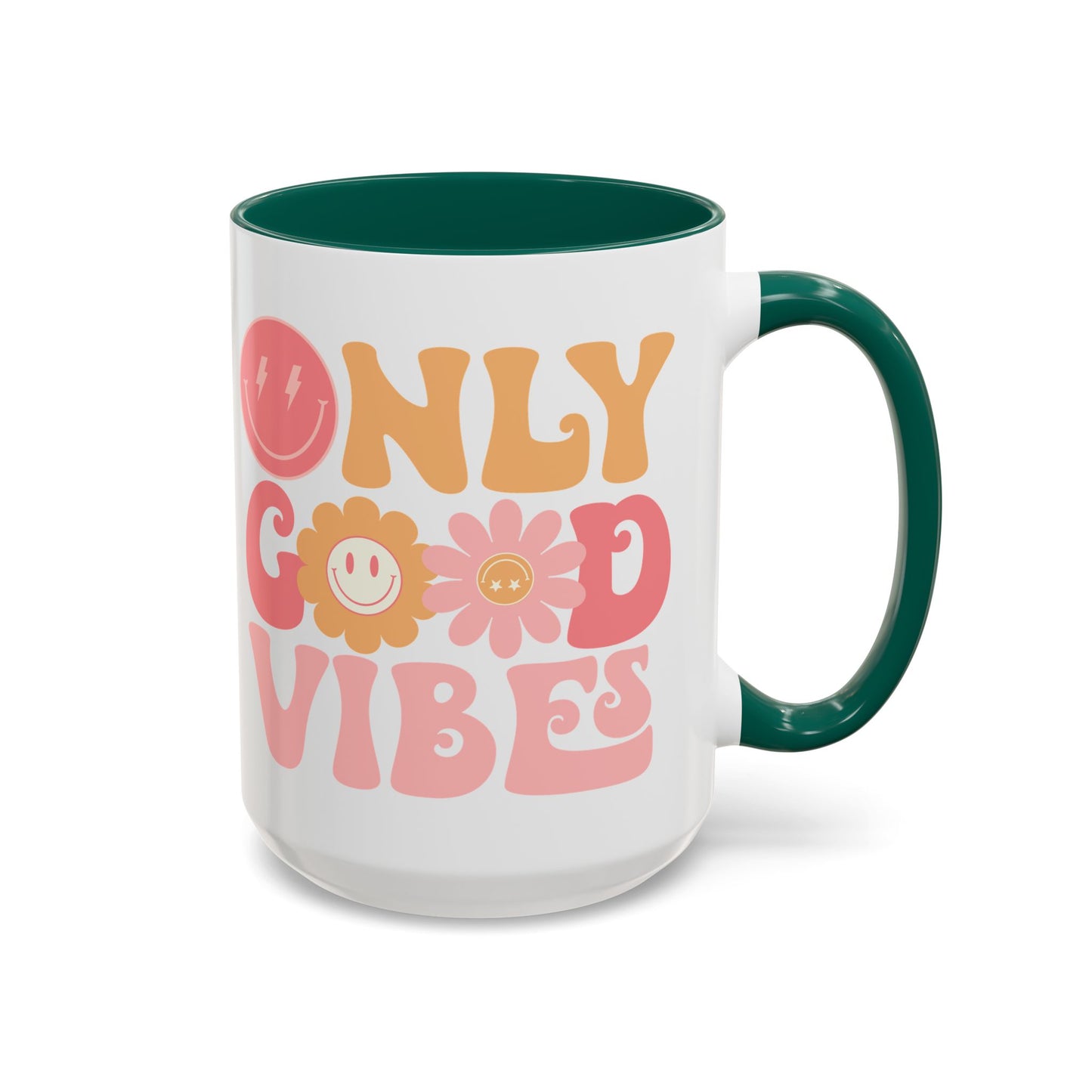 Only Good Vibes Accent Mug – Retro Bubble Letters & Flowers | 11oz 15oz Colored Handle