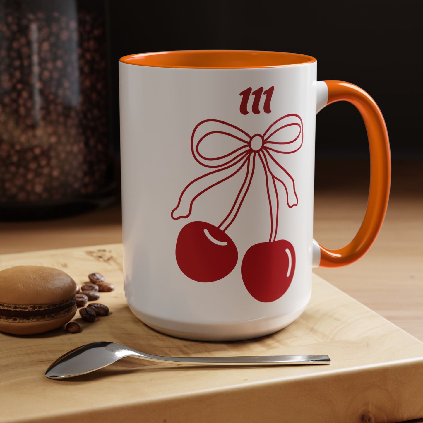 111 Angel Number Cherries Accent Mug – Coquette Bow Kawaii Coffee Mug Aesthetic | 11oz 15oz — Pink, Black, Purple, Yellow, Light Blue