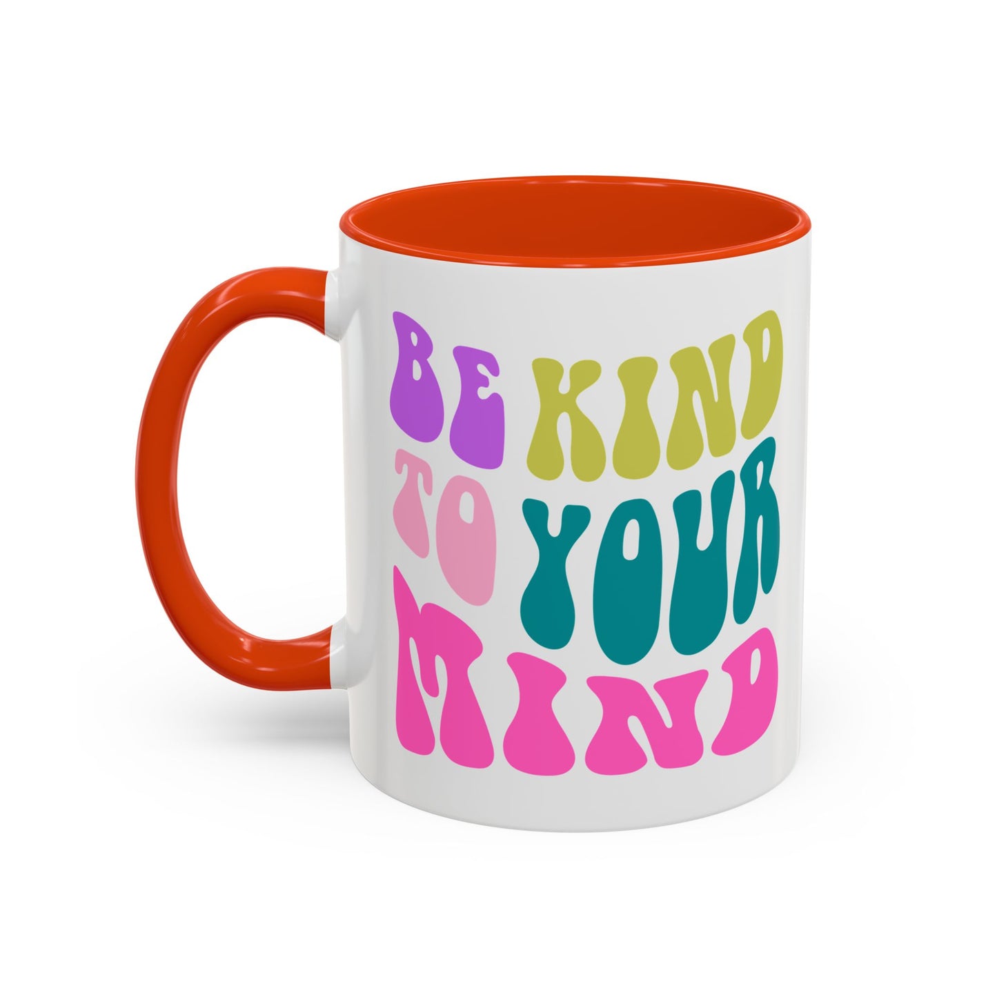 Be Kind To Your Mind Accent Mug – Retro Rainbow Letters | 11oz 15oz Colored Handle