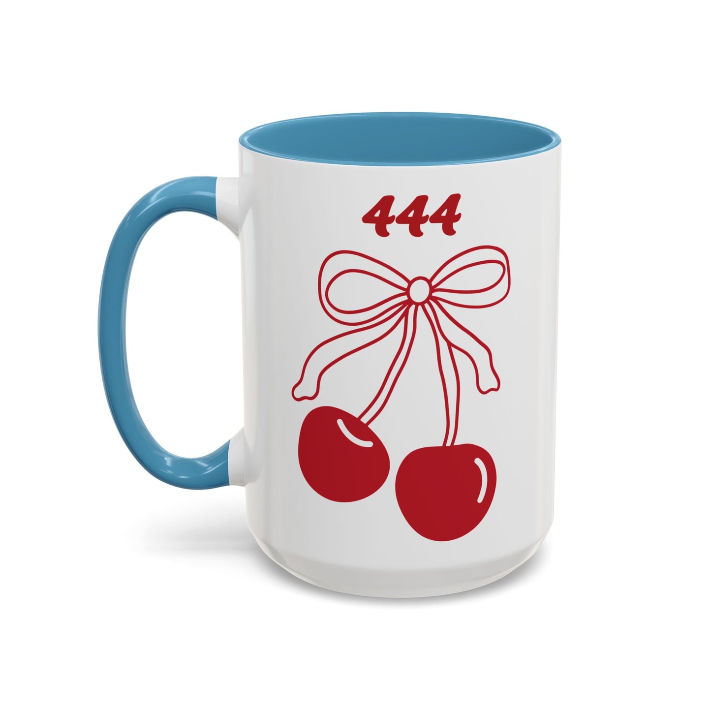 444 Angel Number Cherries Accent Mug – Coquette Bow Kawaii | 11oz 15oz — Navy, Light Blue, Orange, Purple, Yellow