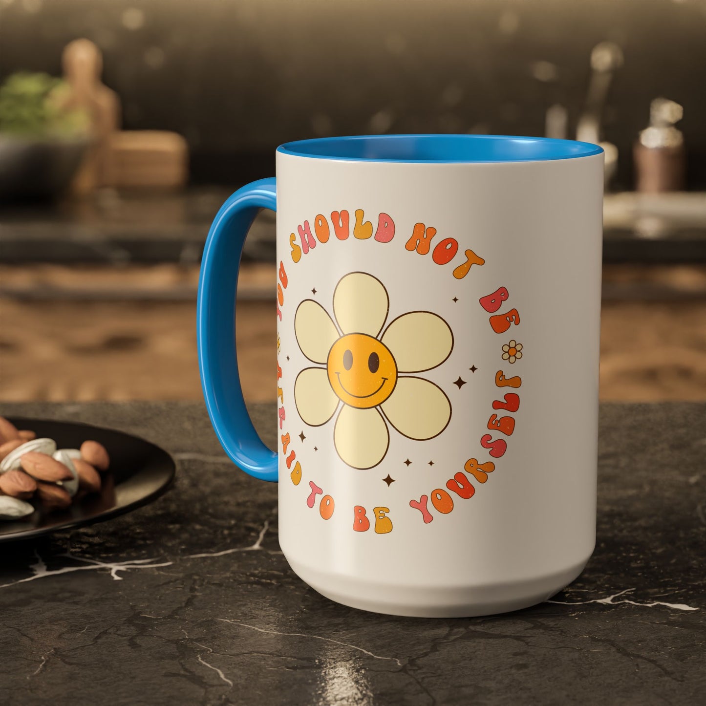 Don’t Be Afraid To Be Yourself Accent Mug – Smiley Flower | 11oz 15oz Colored Handle