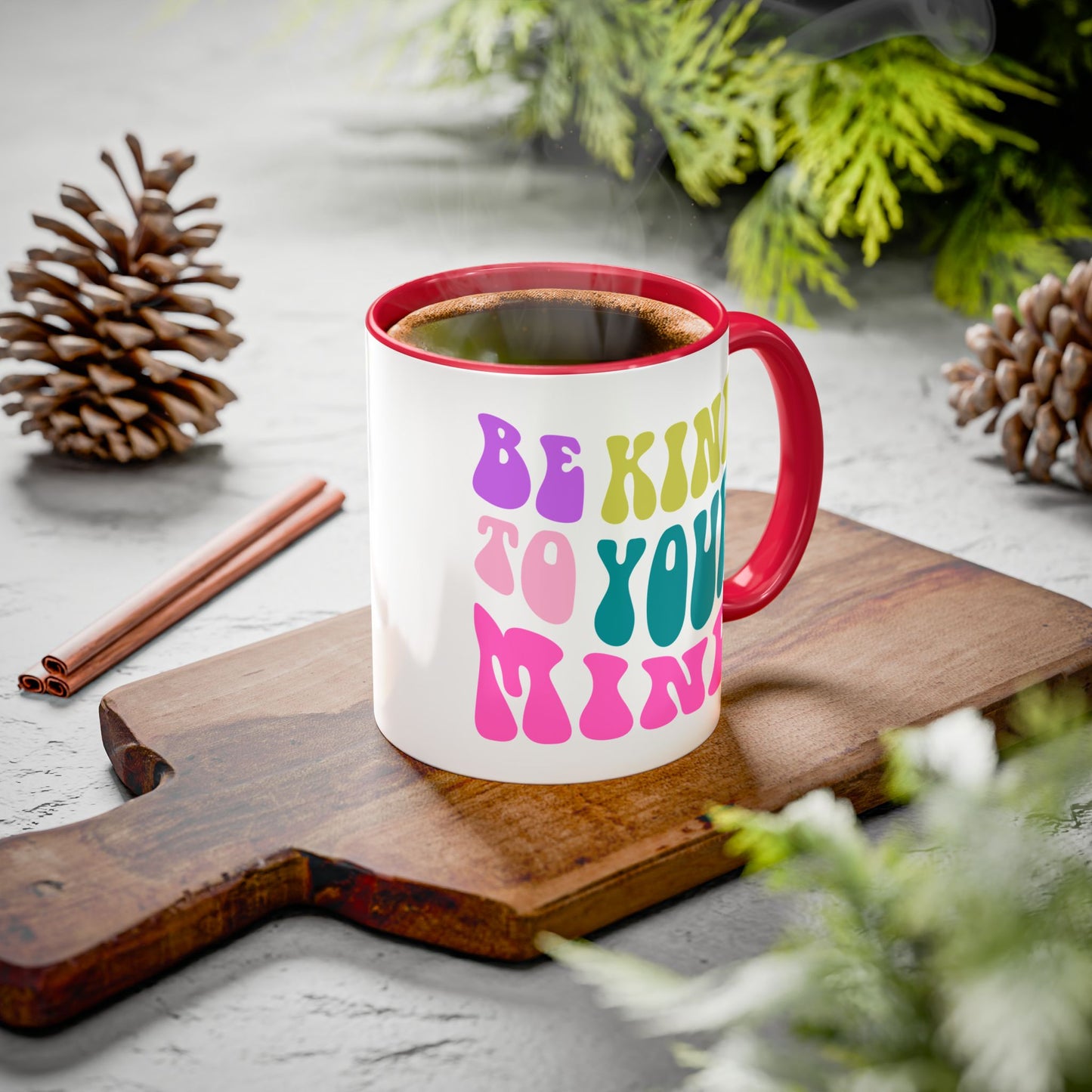 Be Kind To Your Mind Accent Mug – Retro Rainbow Letters | 11oz 15oz Colored Handle