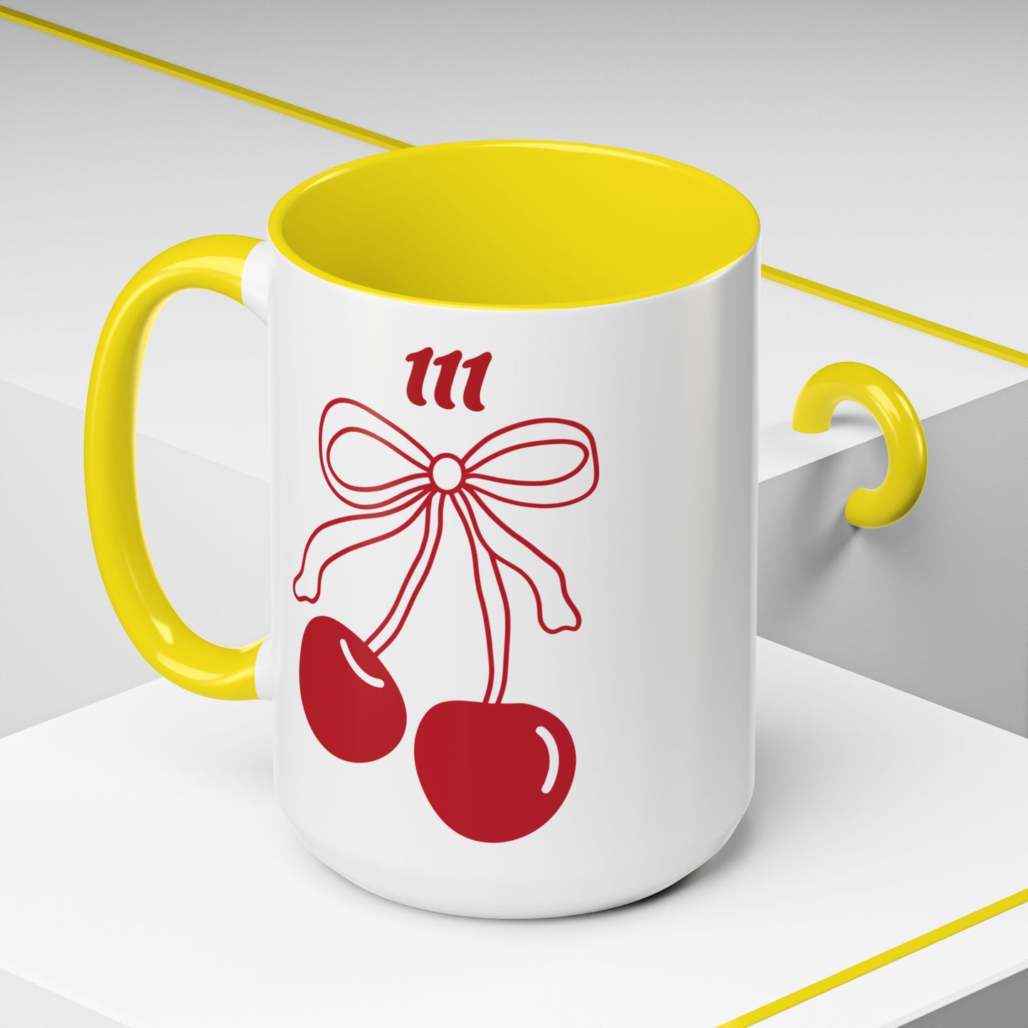 111 Angel Number Cherries Accent Mug – Coquette Bow Kawaii Coffee Mug Aesthetic | 11oz 15oz — Pink, Black, Purple, Yellow, Light Blue