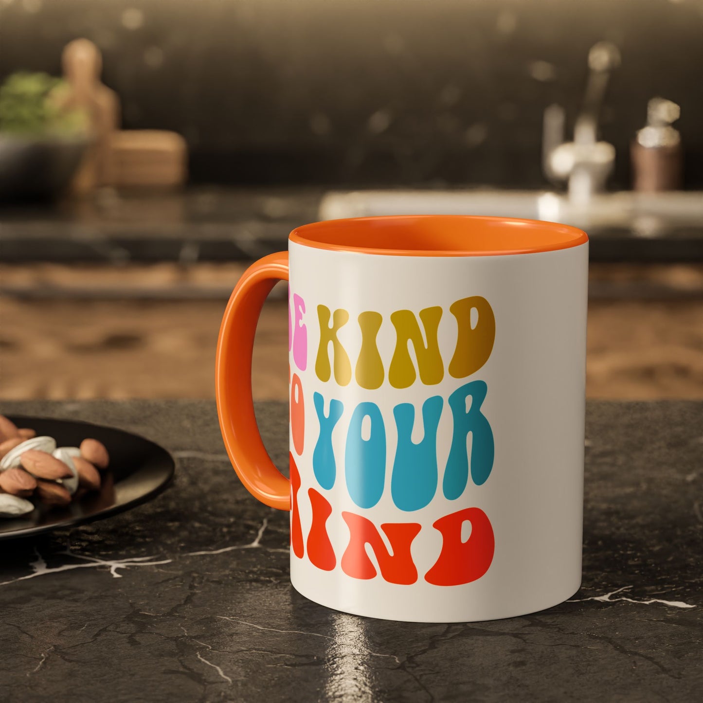 Be Kind To Your Mind Accent Mug – Retro Rainbow Letters | 11oz 15oz Multiple colors