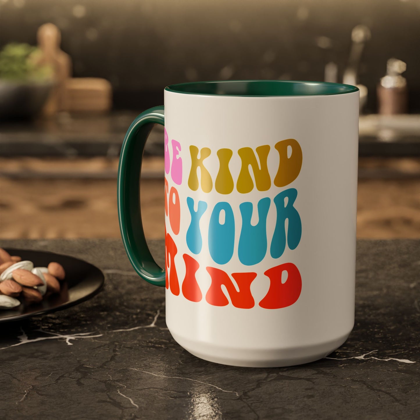 Be Kind To Your Mind Accent Mug – Retro Rainbow Letters | 11oz 15oz Multiple colors