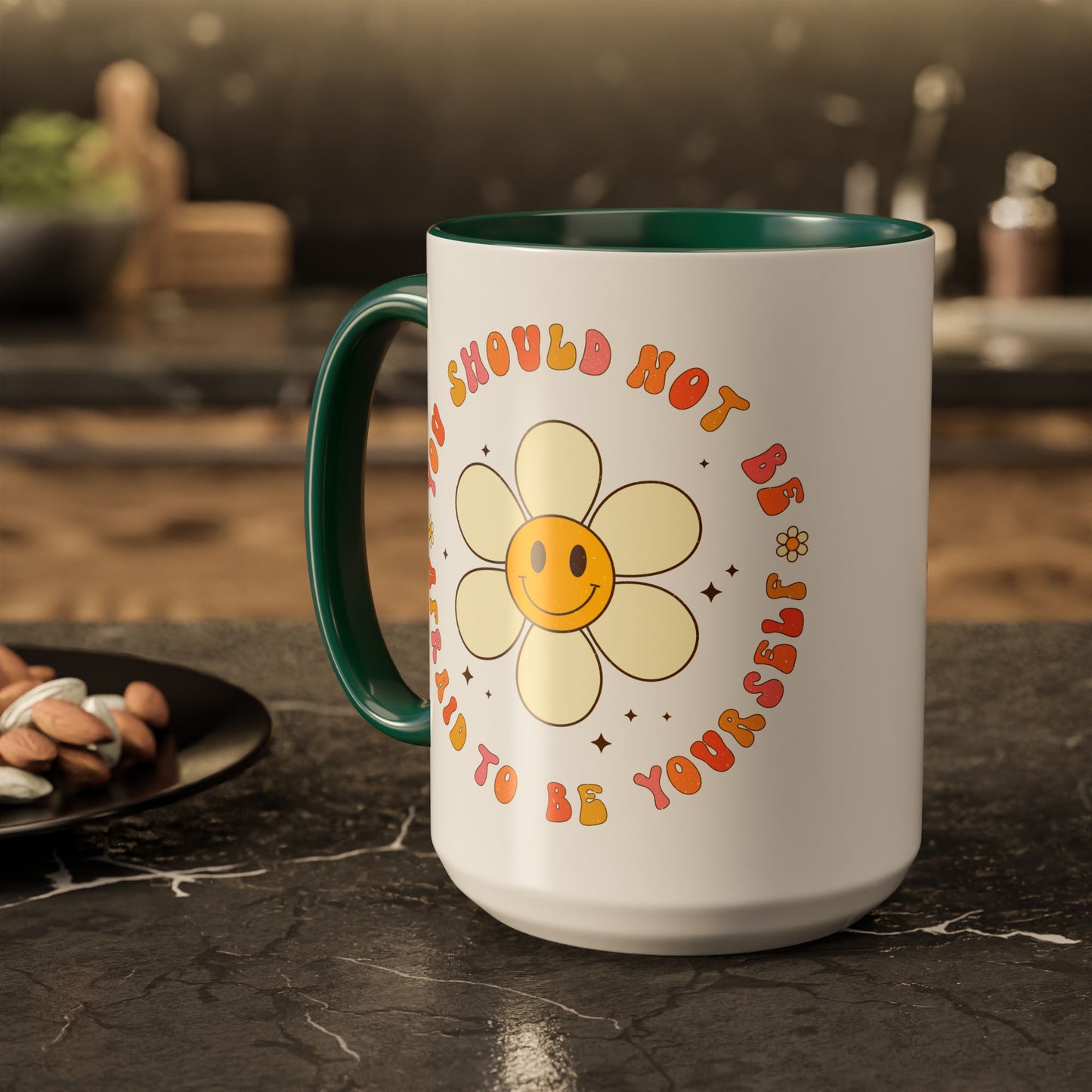 Don’t Be Afraid To Be Yourself Accent Mug – Smiley Flower | 11oz 15oz Colored Handle