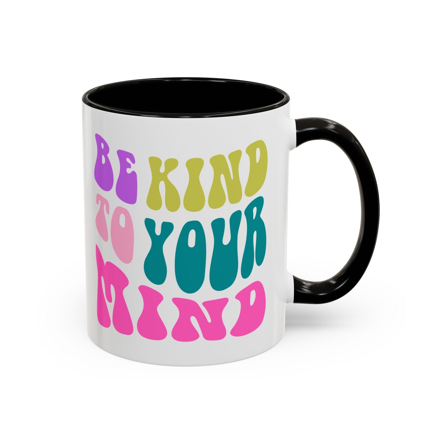 Be Kind To Your Mind Accent Mug – Retro Rainbow Letters | 11oz 15oz Colored Handle