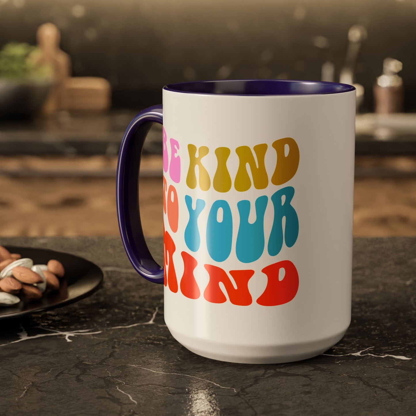 Be Kind To Your Mind Accent Mug – Retro Rainbow Letters | 11oz 15oz Multiple colors