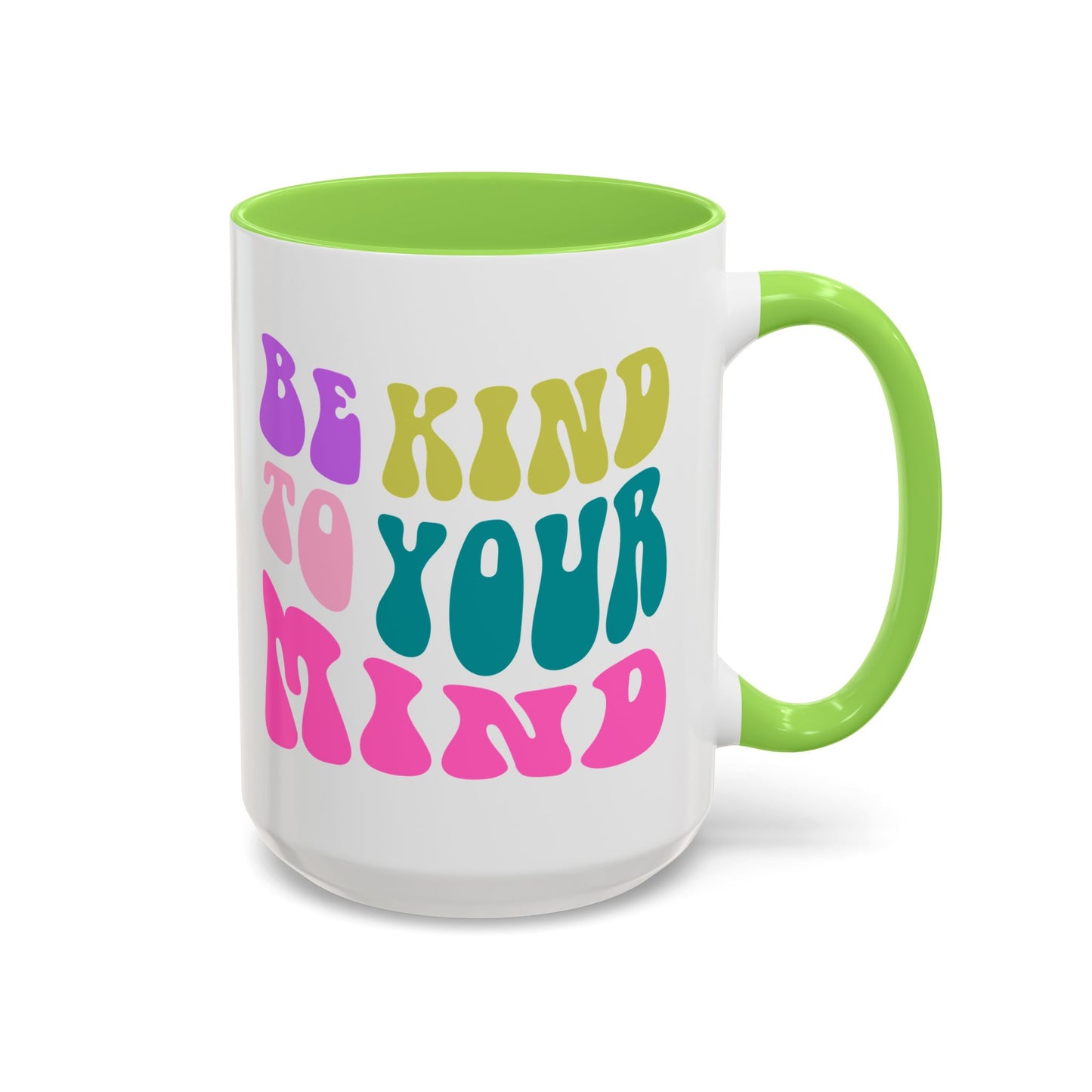 Be Kind To Your Mind Accent Mug – Retro Rainbow Letters | 11oz 15oz Colored Handle