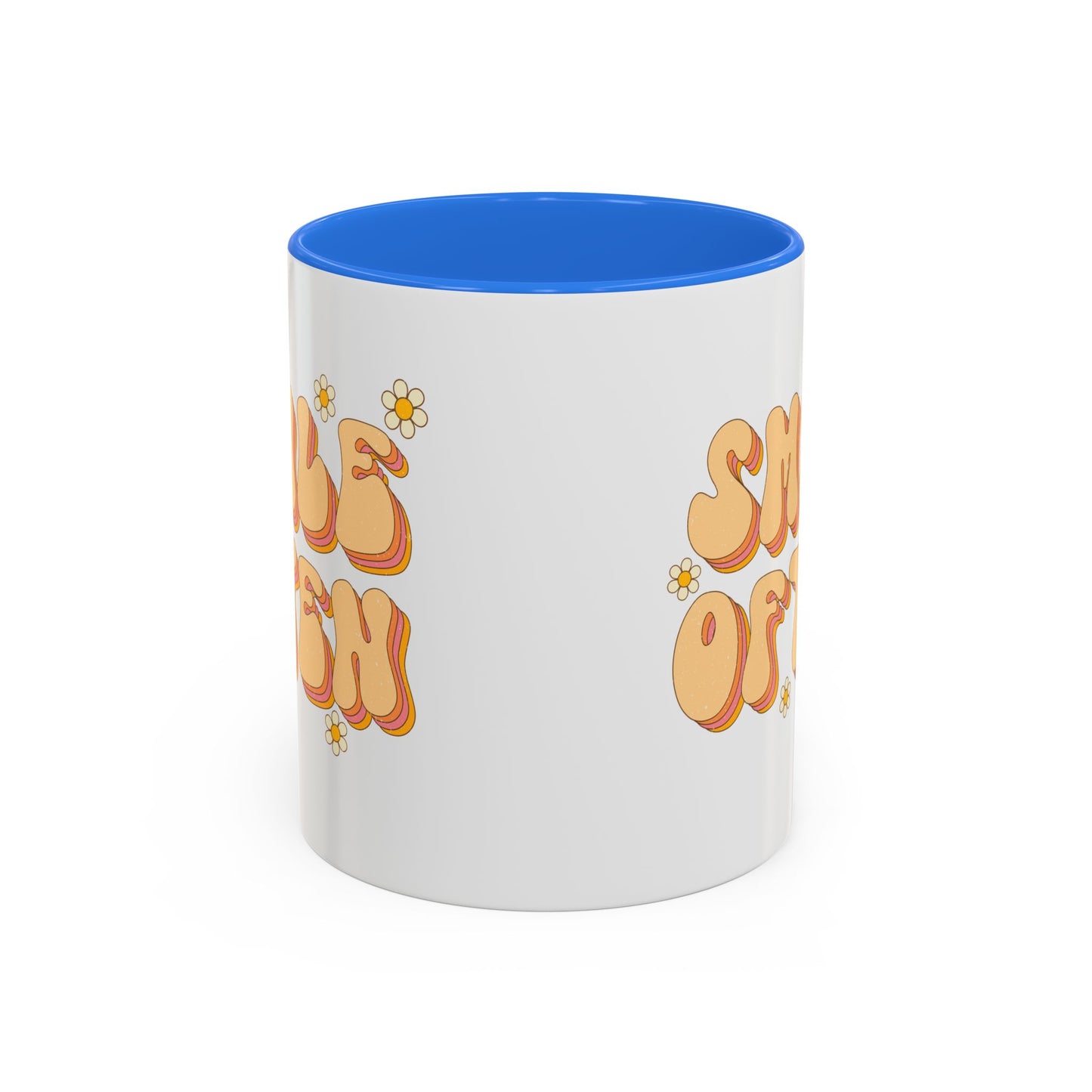 Smile Often Accent Mug – Retro Daisy Letters | 11oz 15oz colored Handle