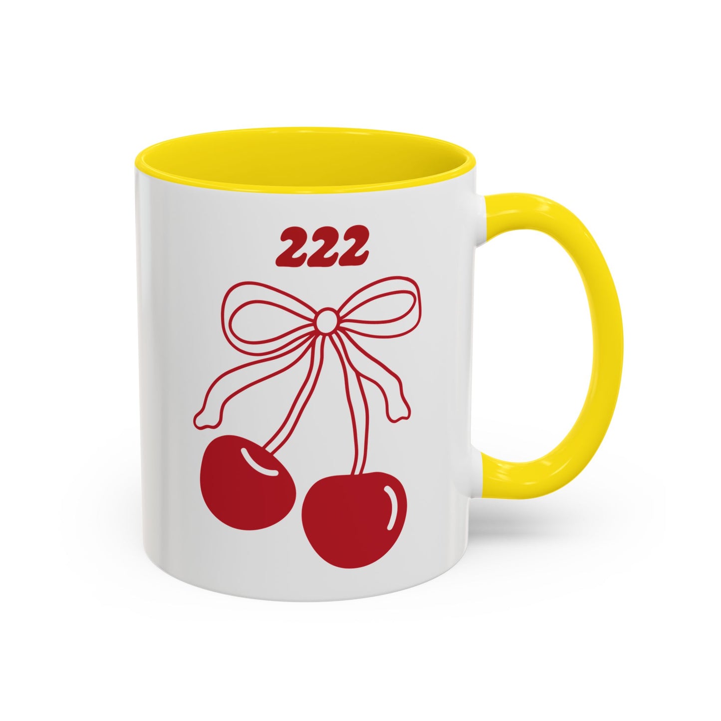 222 Angel Number Cherries Accent Mug – Coquette Bow Kawaii Coffee Mug | 11oz 15oz — Black, Navy, Pink, Red, Light Blue