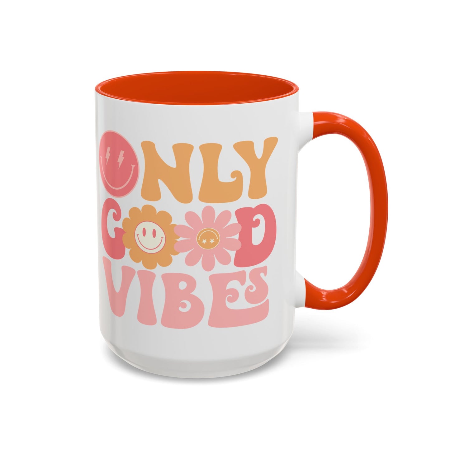 Only Good Vibes Accent Mug – Retro Bubble Letters & Flowers | 11oz 15oz Colored Handle