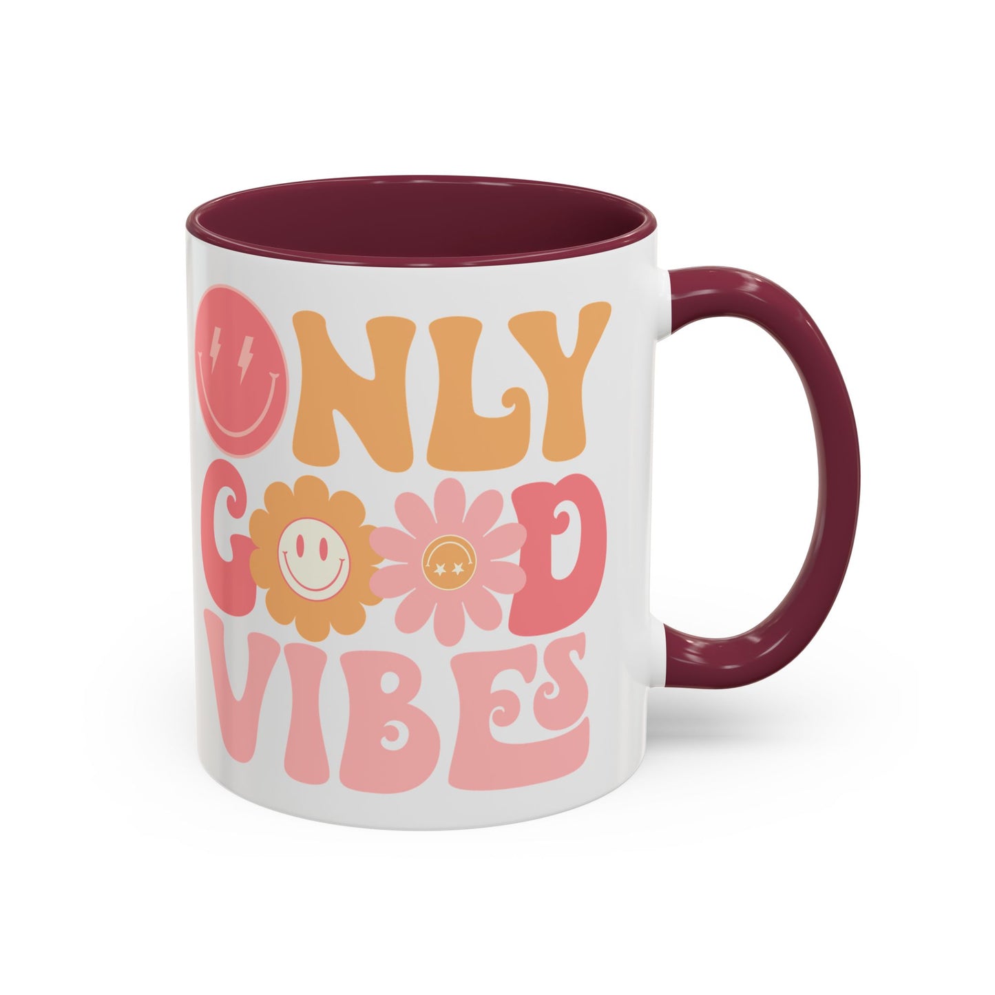 Only Good Vibes Accent Mug – Retro Bubble Letters & Flowers | 11oz 15oz Colored Handle