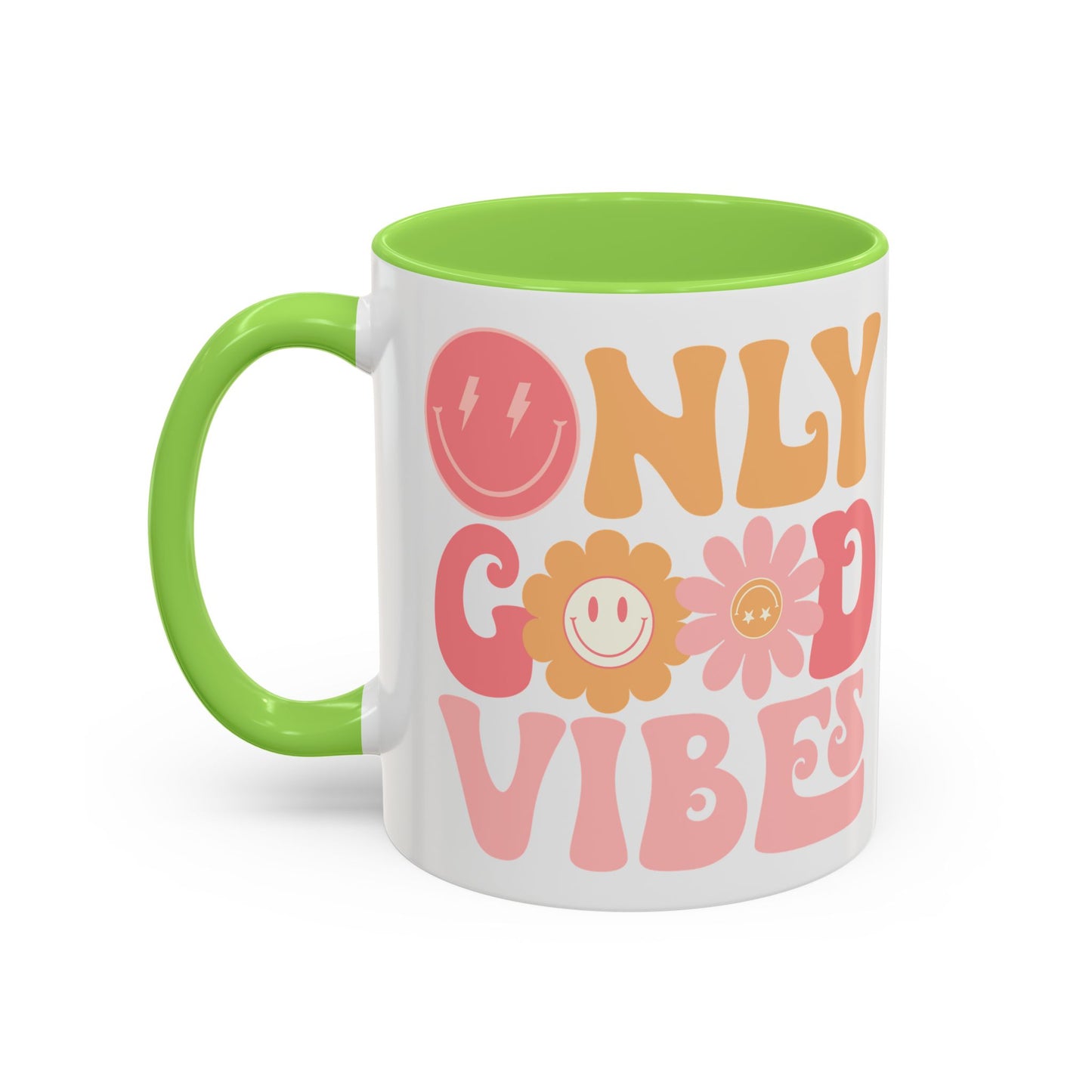 Only Good Vibes Accent Mug – Retro Bubble Letters & Flowers | 11oz 15oz Colored Handle