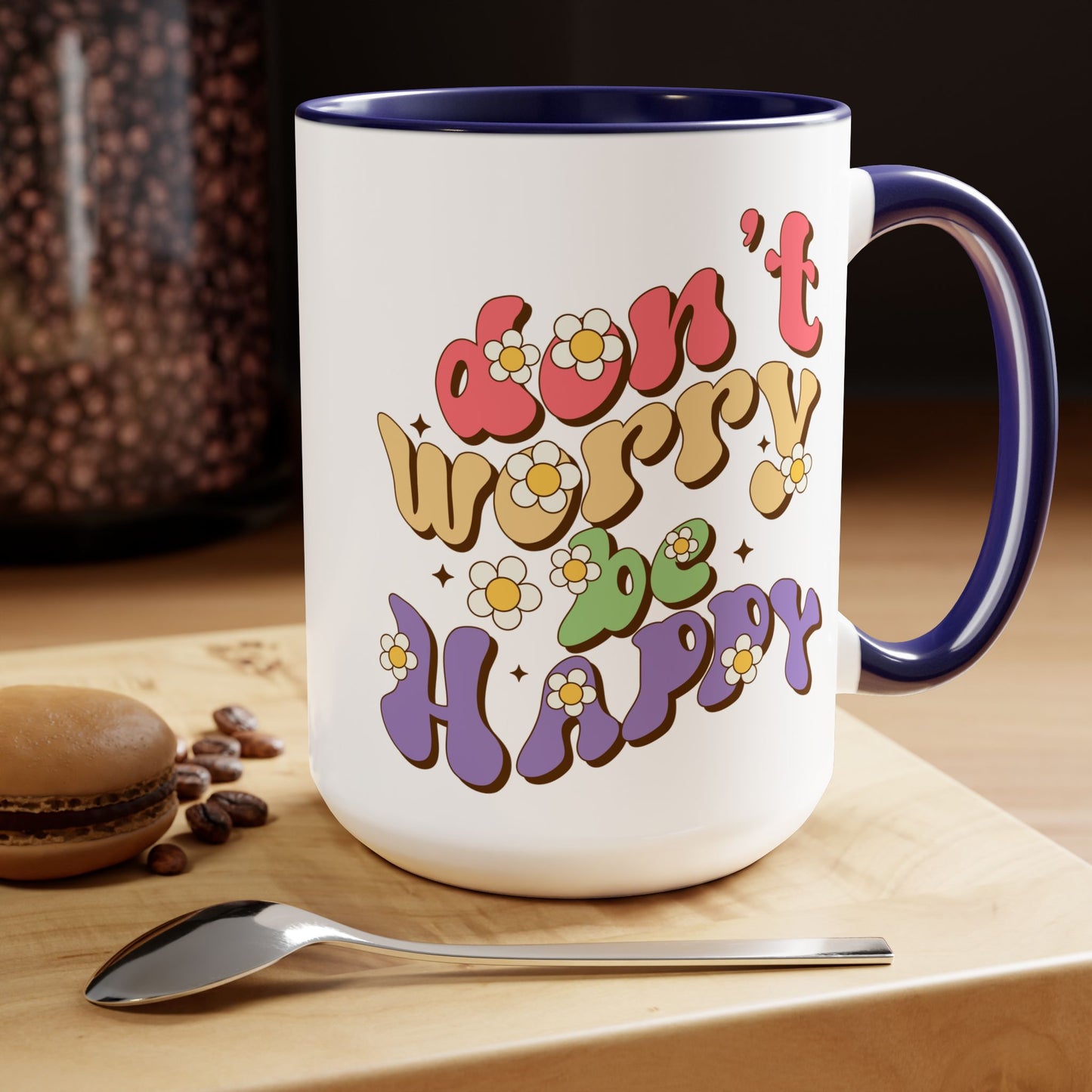 Groovy 70s Don't Worry Be Happy Coffee Mug 15oz - Retro Multicolor Wavy Font - Optimistic Message Cup - Joyful Gift, High Vibe Kitchenware