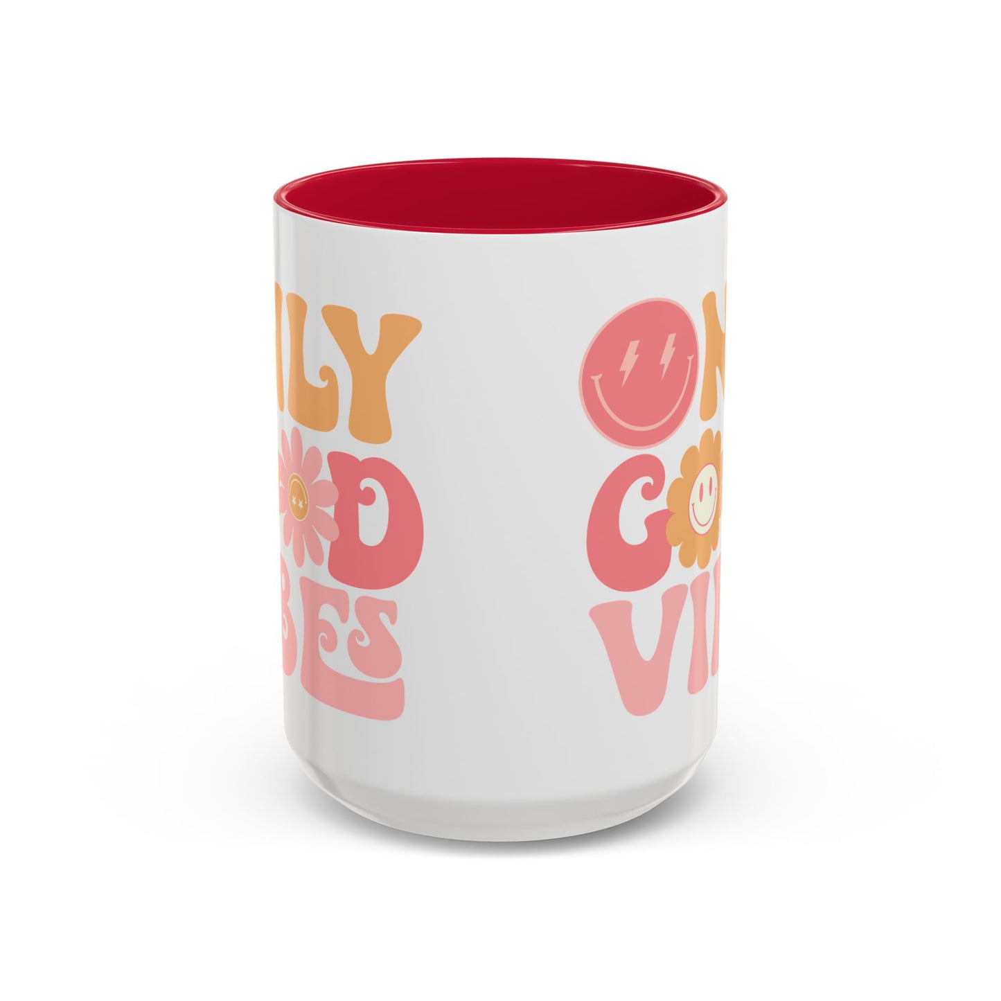 Only Good Vibes Accent Mug – Retro Bubble Letters & Flowers | 11oz 15oz Colored Handle