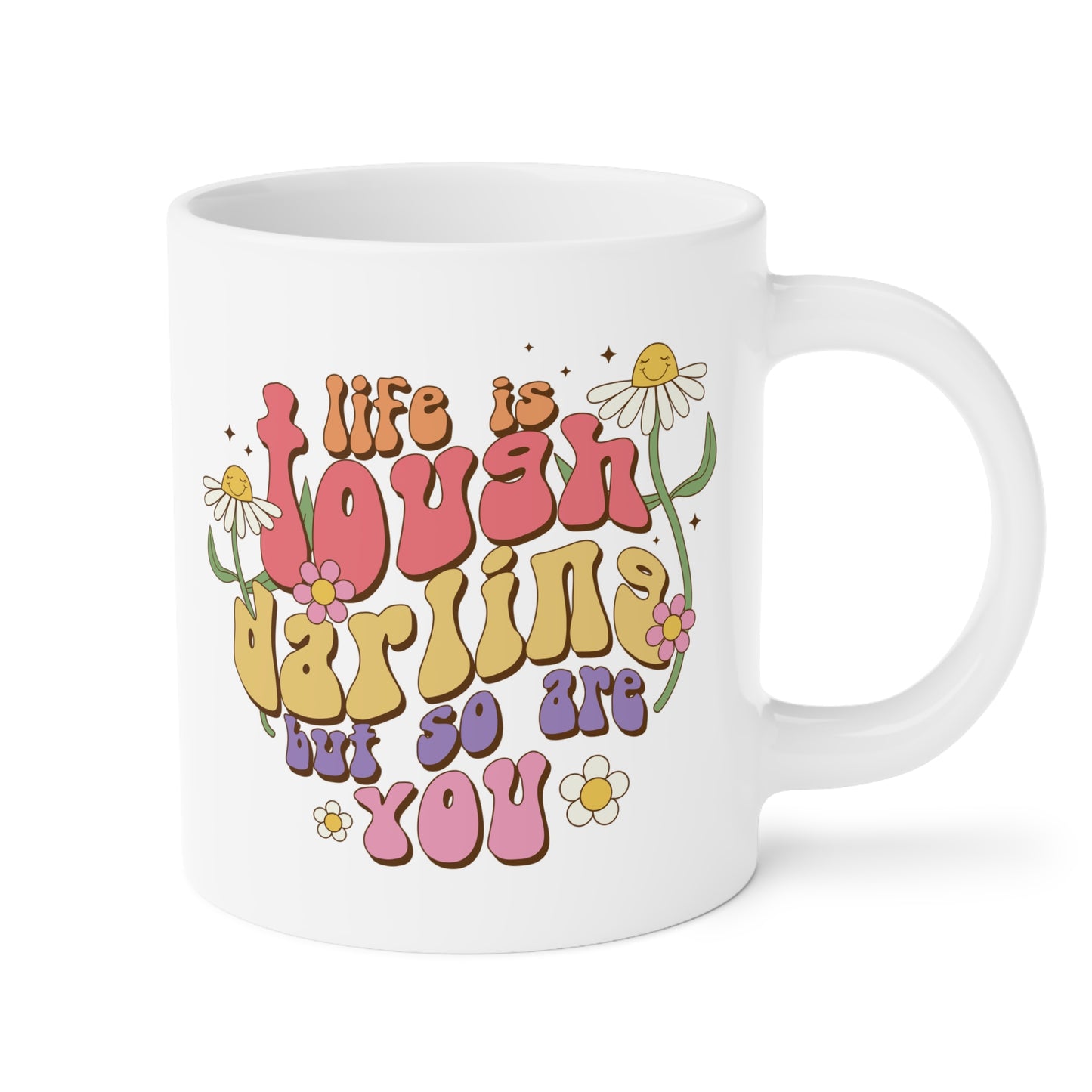 70s Groovy Life is Tough Darling Coffee Mug 20oz - Wavy Font, Multi-Color - Inspirational Resilience Gift, Vintage Style Drinkware