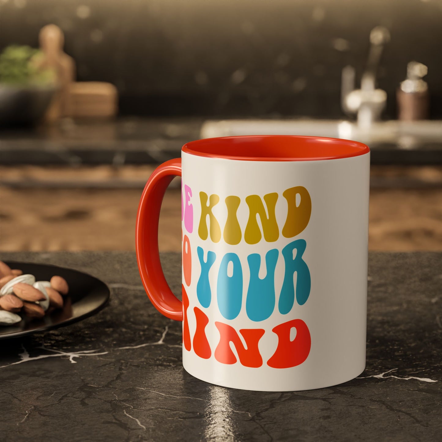 Be Kind To Your Mind Accent Mug – Retro Rainbow Letters | 11oz 15oz Multiple colors