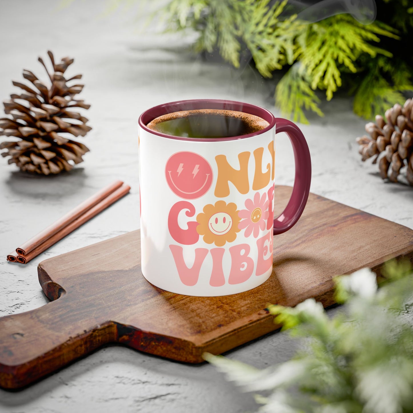 Only Good Vibes Accent Mug – Retro Bubble Letters & Flowers | 11oz 15oz Colored Handle