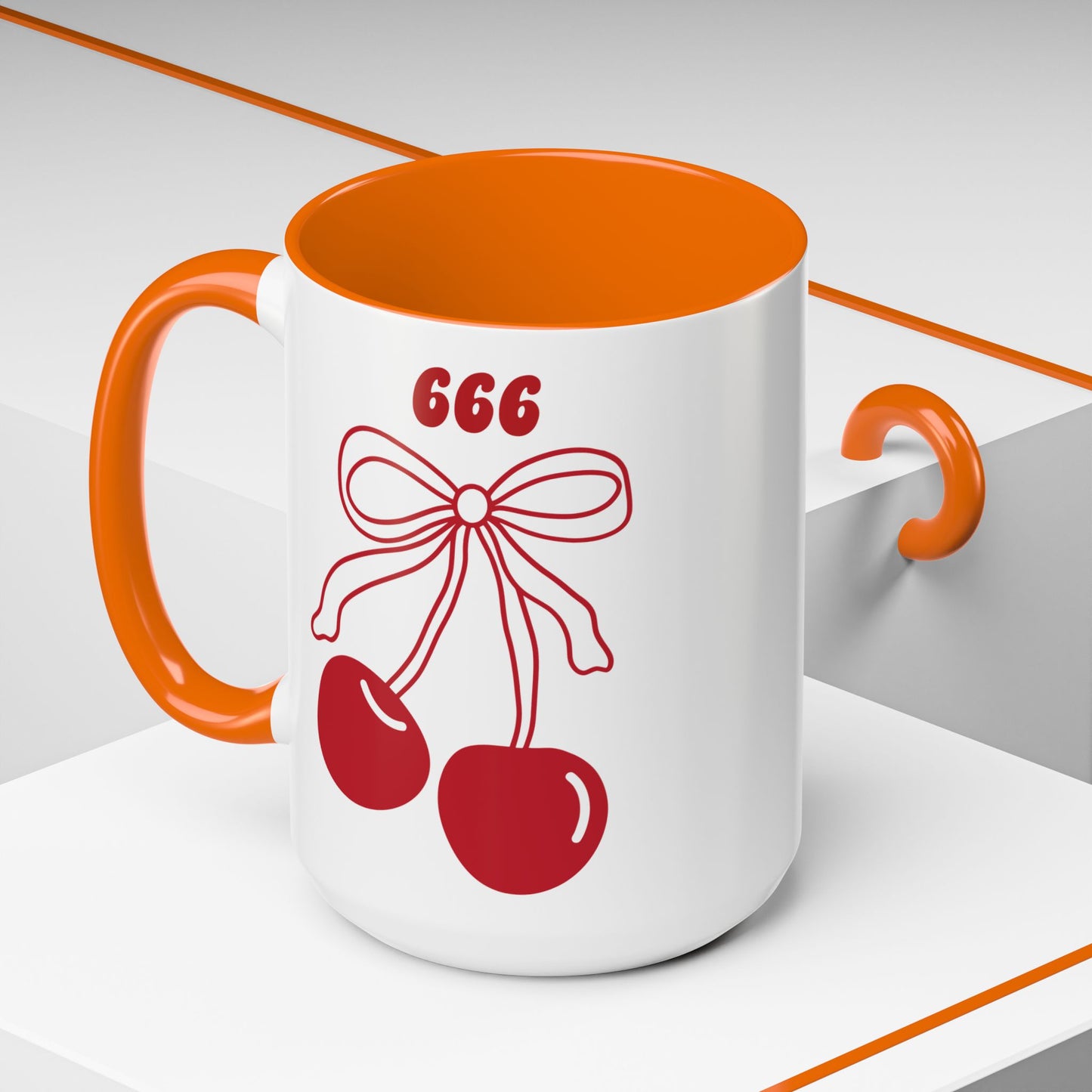 666 Angel Number Cherries Accent Mug – Coquette Bow Kawaii | 11oz 15oz — Pink, Red, Light Blue, Orange, Purple, Yellow