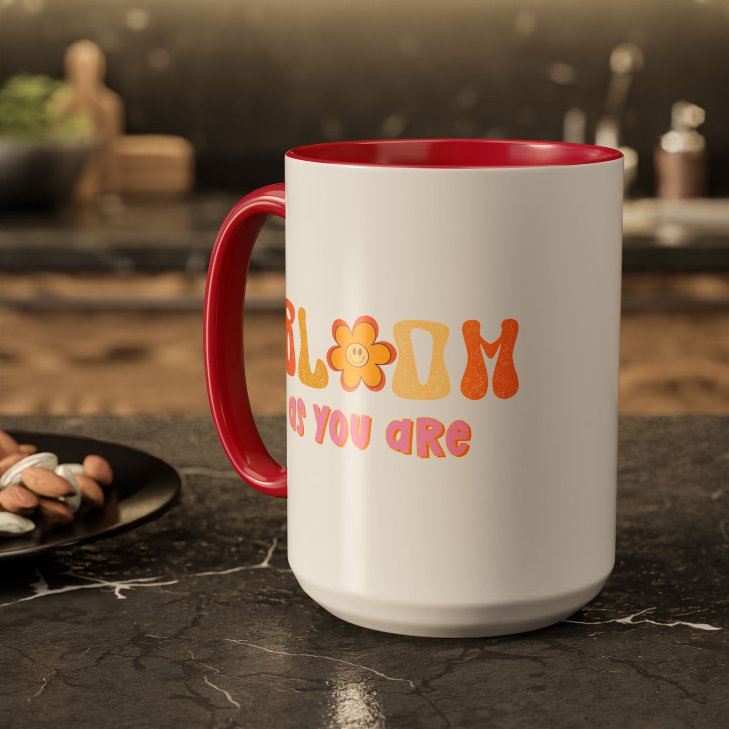 Bloom As You Are Accent Mug – Smiley Flower | 11oz 15oz Colored Handle