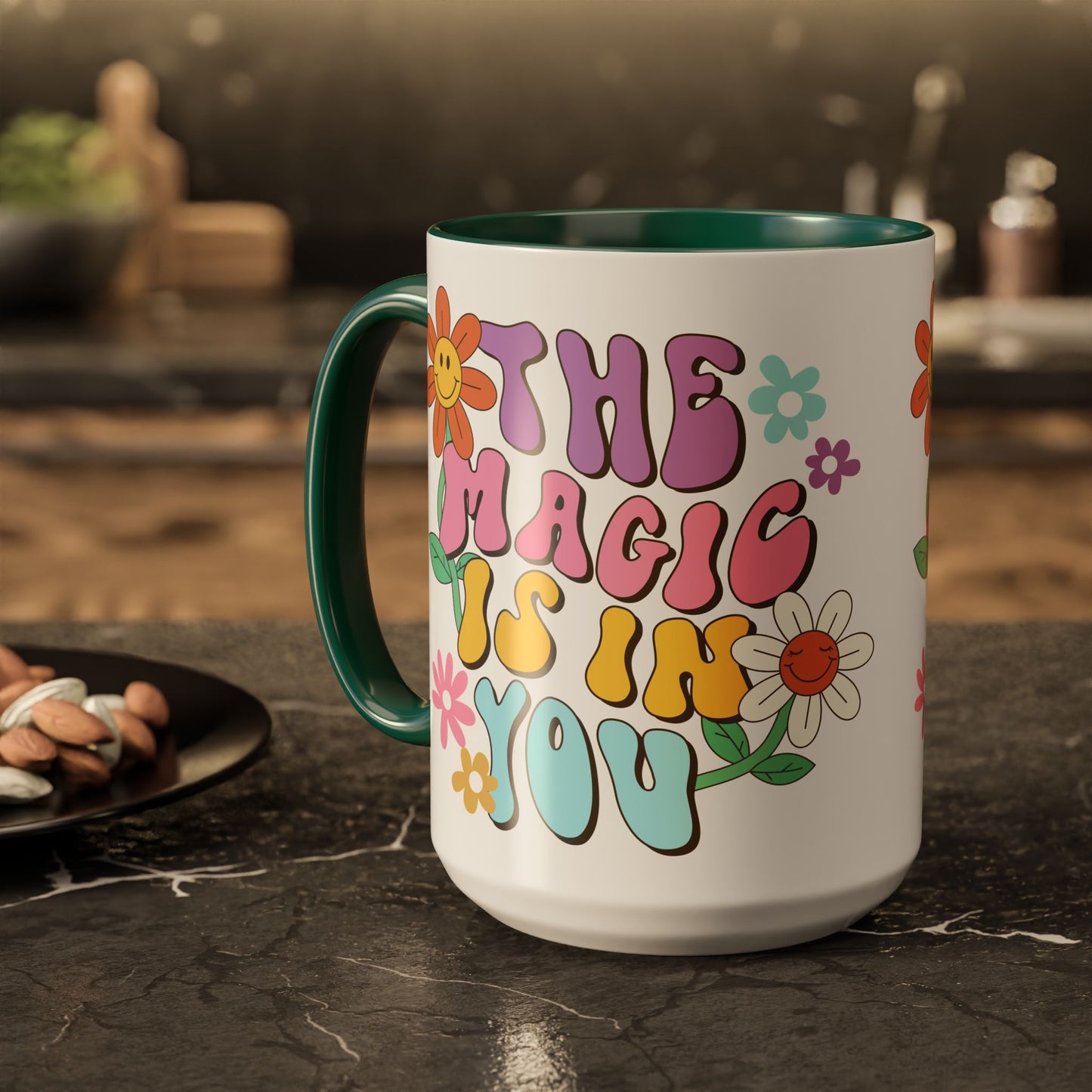 The Magic Is In You Accent Mug – Retro Flower Lettering | 11oz 15oz Colored Handle