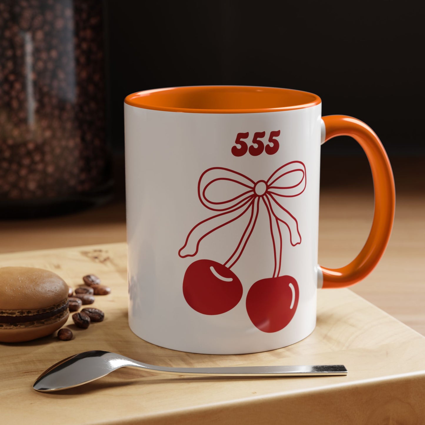 555 Angel Number Cherries Accent Mug – Coquette Bow Kawaii | 11oz 15oz — Pink, Red, Navy, Light Blue, Orange, Purple, Yellow