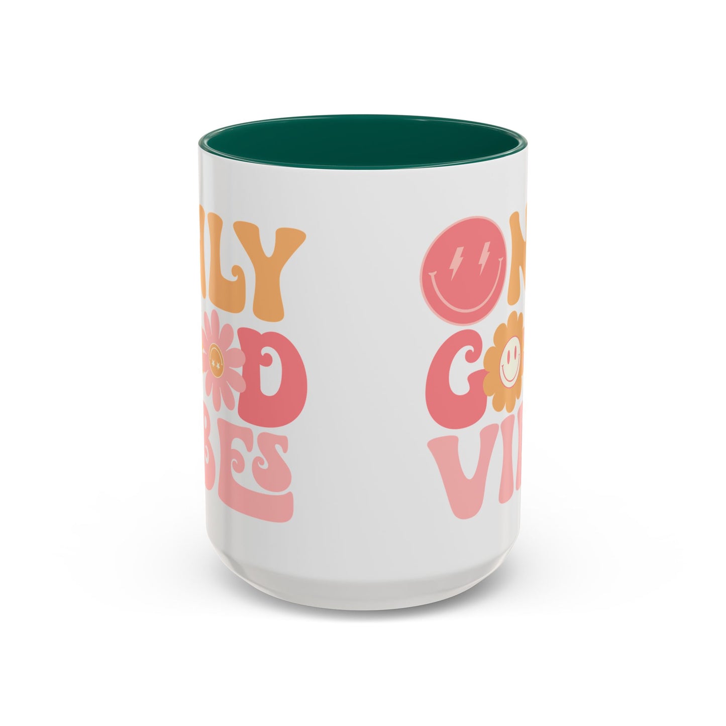 Only Good Vibes Accent Mug – Retro Bubble Letters & Flowers | 11oz 15oz Colored Handle