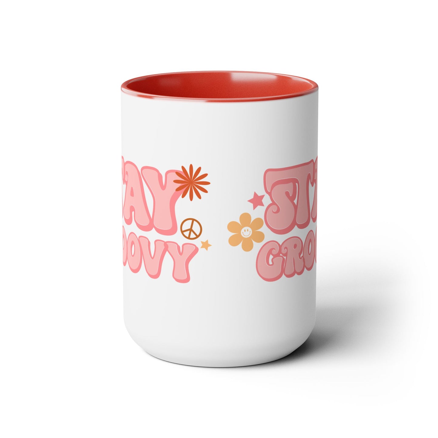 Stay Groovy Coffee Mug 15oz - 70s Inspired, Pastel Pink, Swirly Font - Boost Your Mood with this Free-Spirit, Funkadelic Beverage