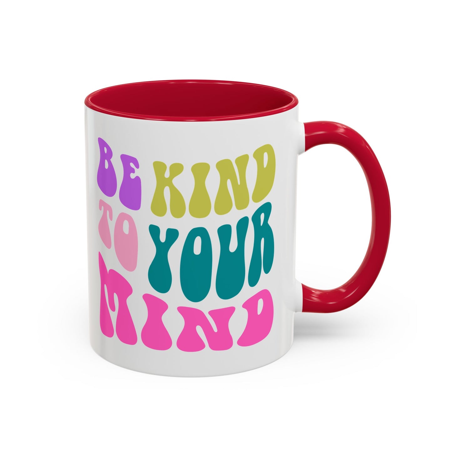 Be Kind To Your Mind Accent Mug – Retro Rainbow Letters | 11oz 15oz Colored Handle