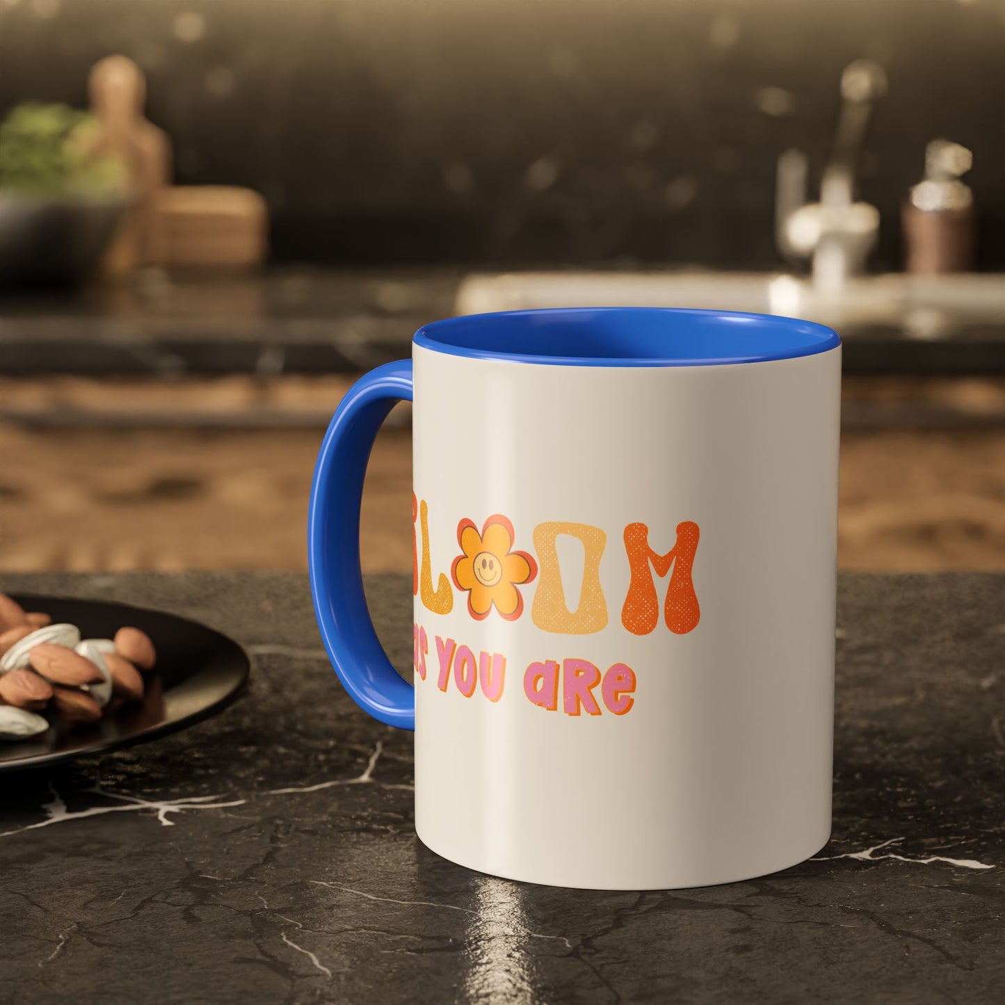 Bloom As You Are Accent Mug – Smiley Flower | 11oz 15oz Colored Handle