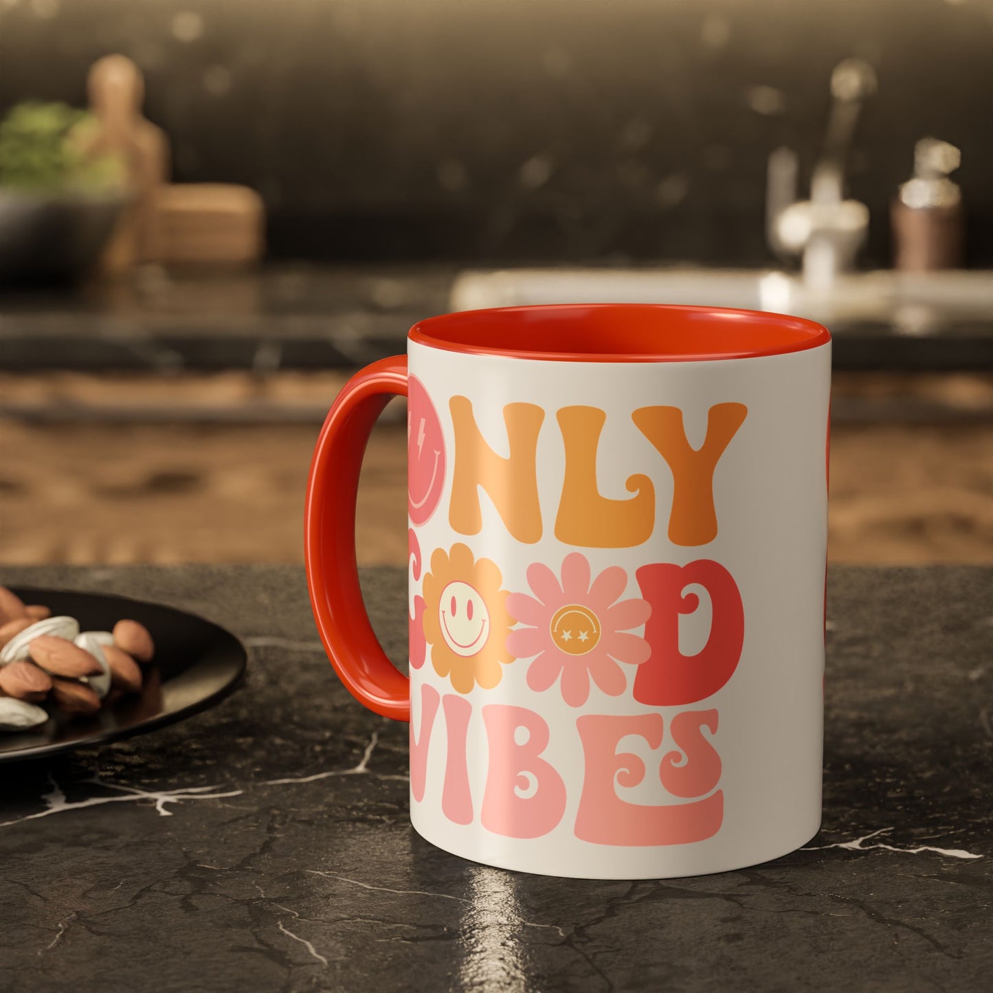 Only Good Vibes Accent Mug – Retro Bubble Letters & Flowers | 11oz 15oz Colored Handle