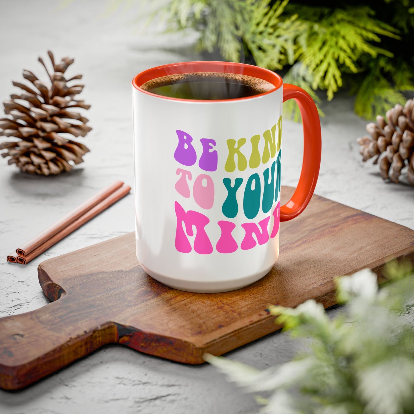 Be Kind To Your Mind Accent Mug – Retro Rainbow Letters | 11oz 15oz Colored Handle