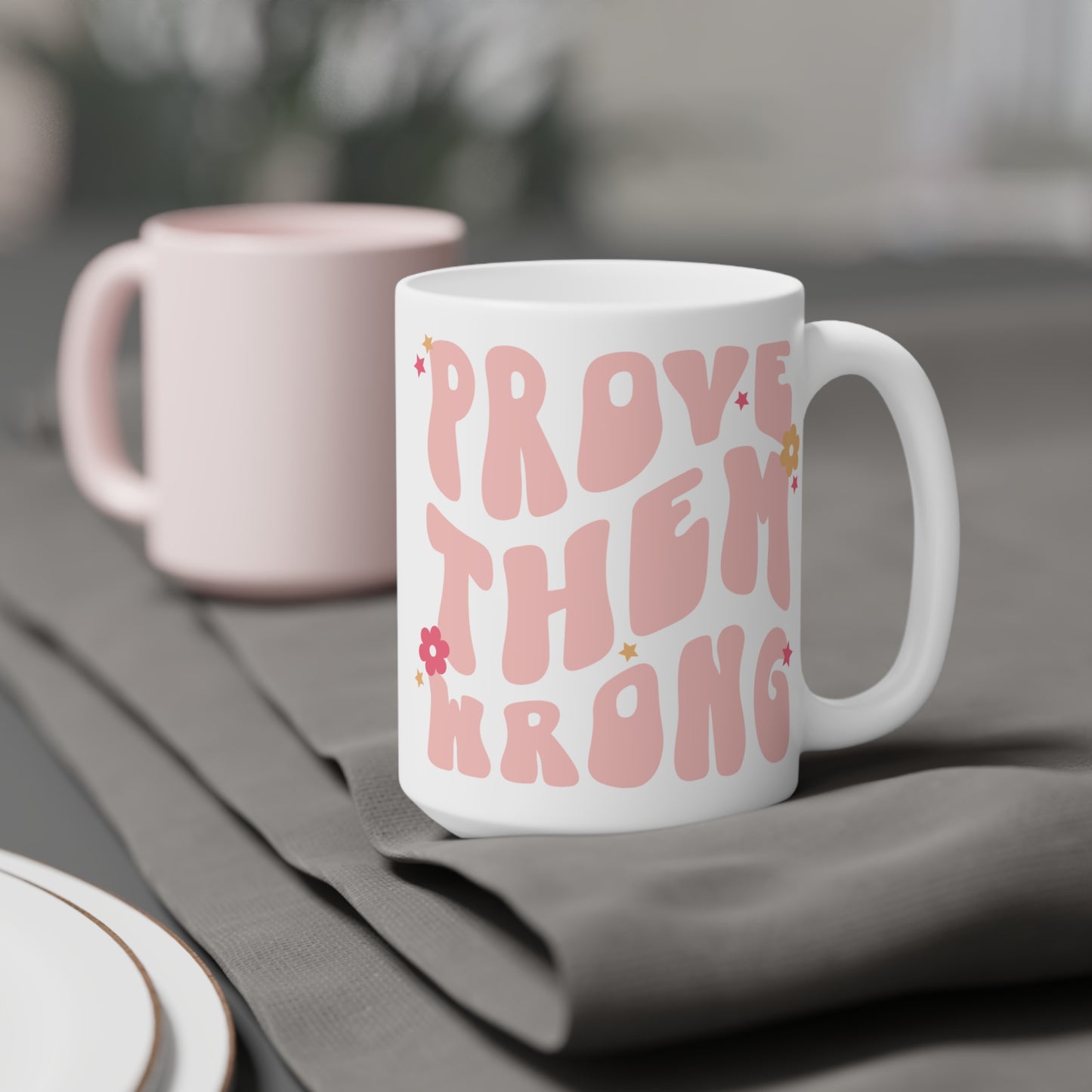 Prove Them Wrong Coffee Mug 20oz - Light Pink, 70s Themed Ceramic Cup, Groovy Font, Inspirational Motivation - Retro Nostalgia Gift