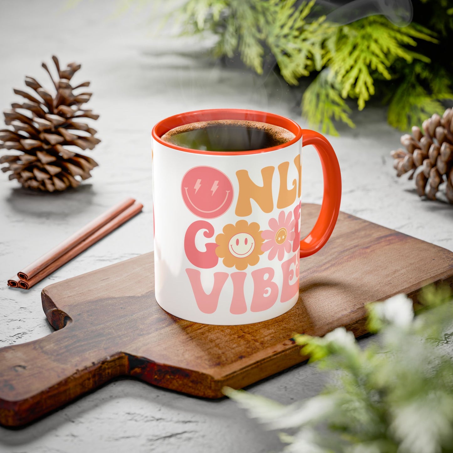 Only Good Vibes Accent Mug – Retro Bubble Letters & Flowers | 11oz 15oz Colored Handle