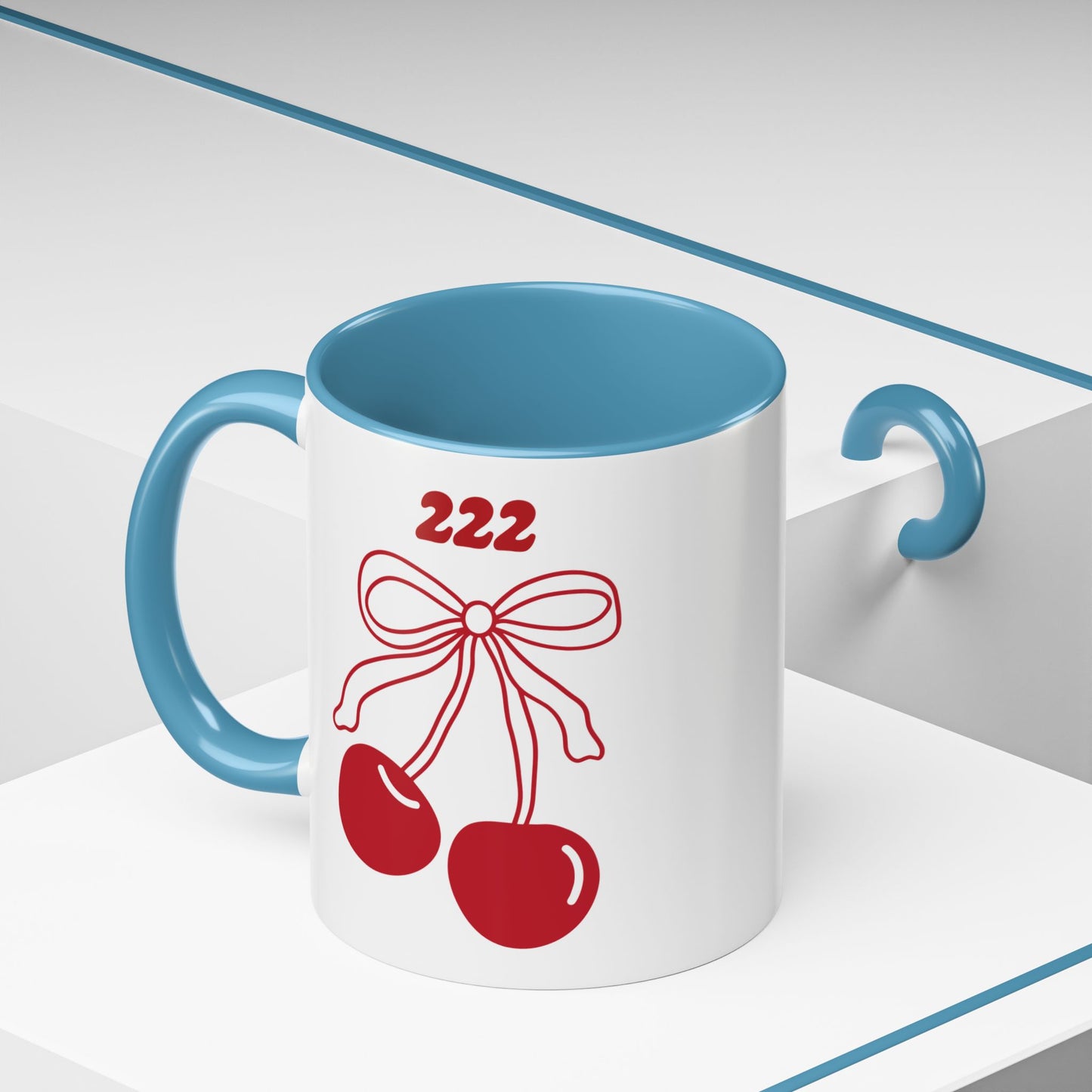 222 Angel Number Cherries Accent Mug – Coquette Bow Kawaii Coffee Mug | 11oz 15oz — Black, Navy, Pink, Red, Light Blue