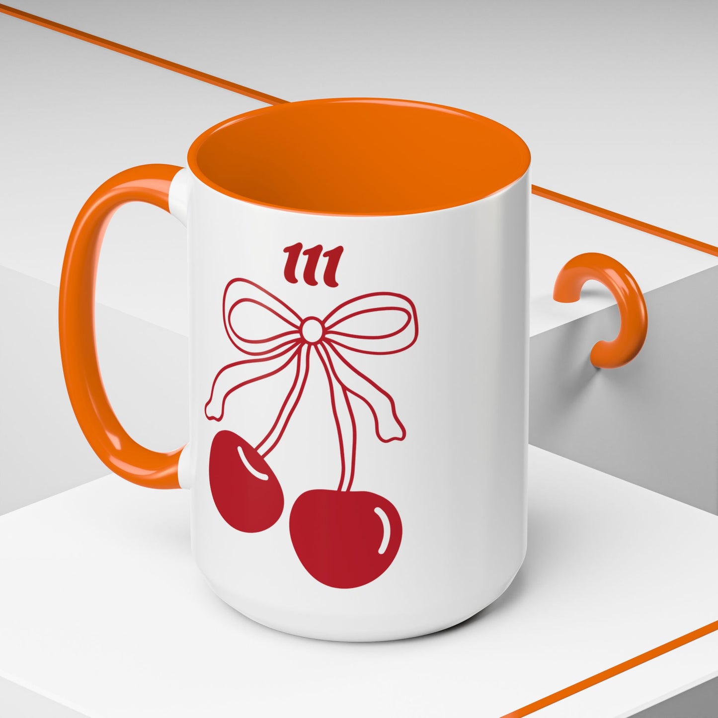 111 Angel Number Cherries Accent Mug – Coquette Bow Kawaii Coffee Mug Aesthetic | 11oz 15oz — Pink, Black, Purple, Yellow, Light Blue